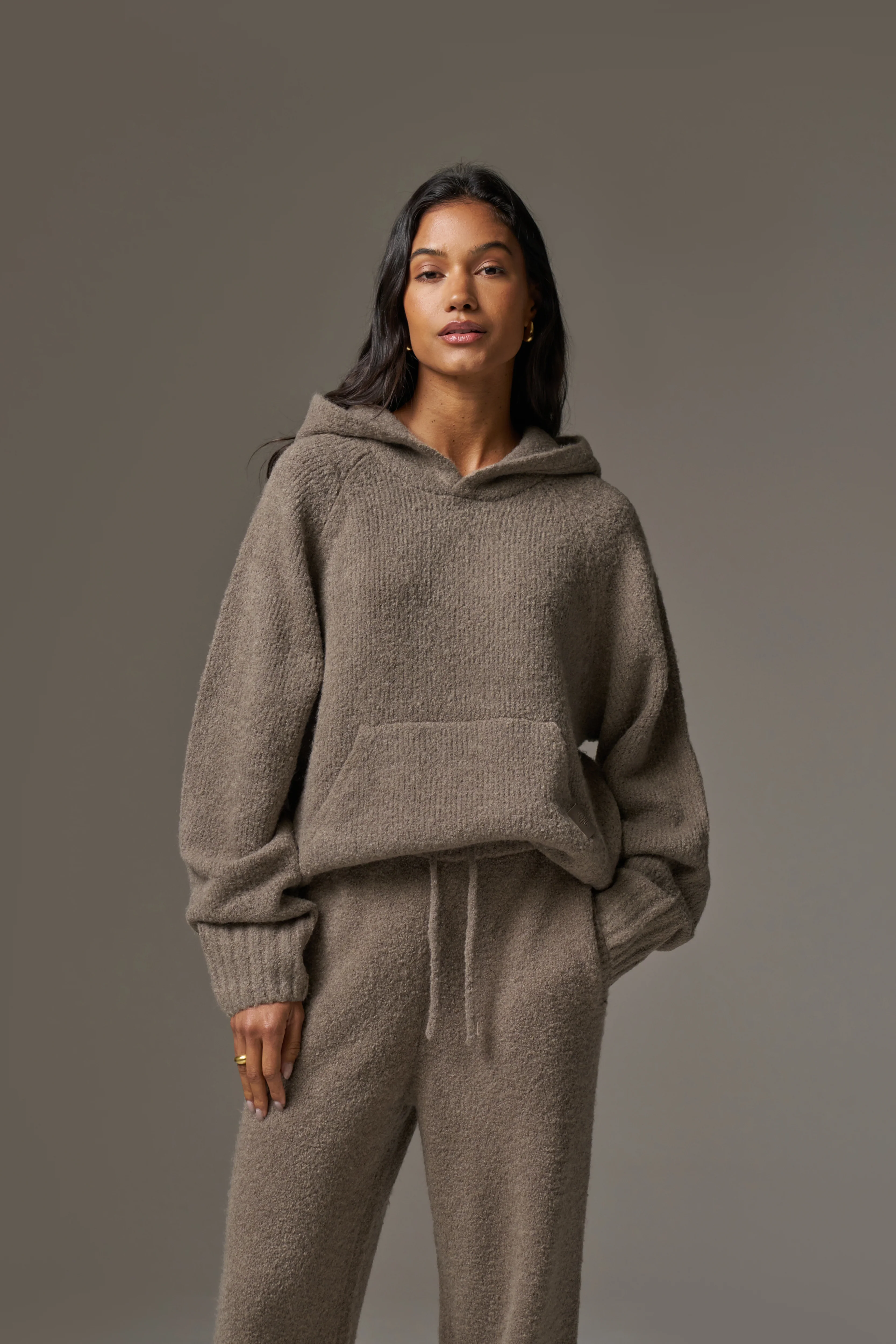 BOUCLE KNIT HOODIE - BROWN - Image 3