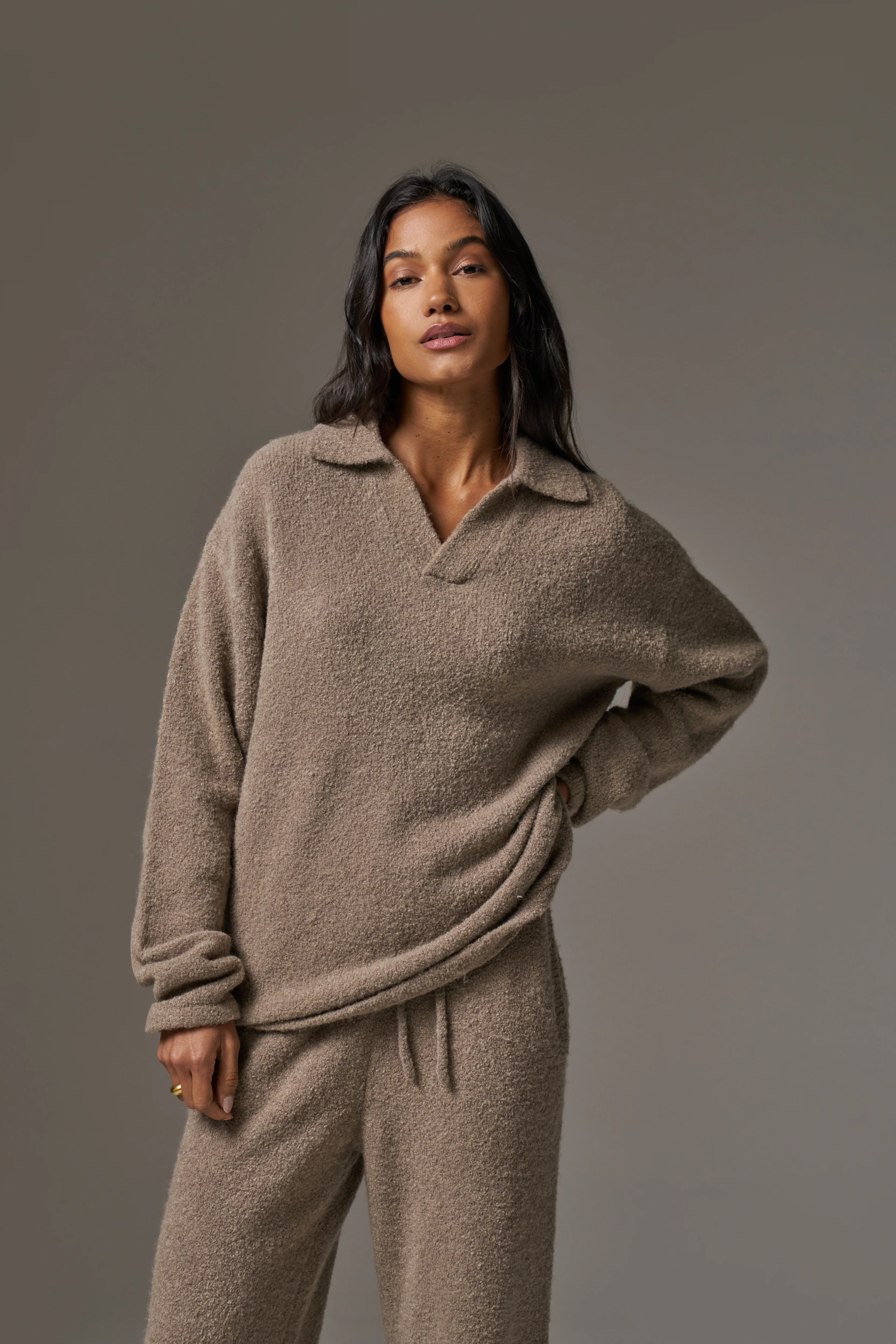 BOUCLE KNIT LONG SLEEVE POLO - BROWN - Image 3