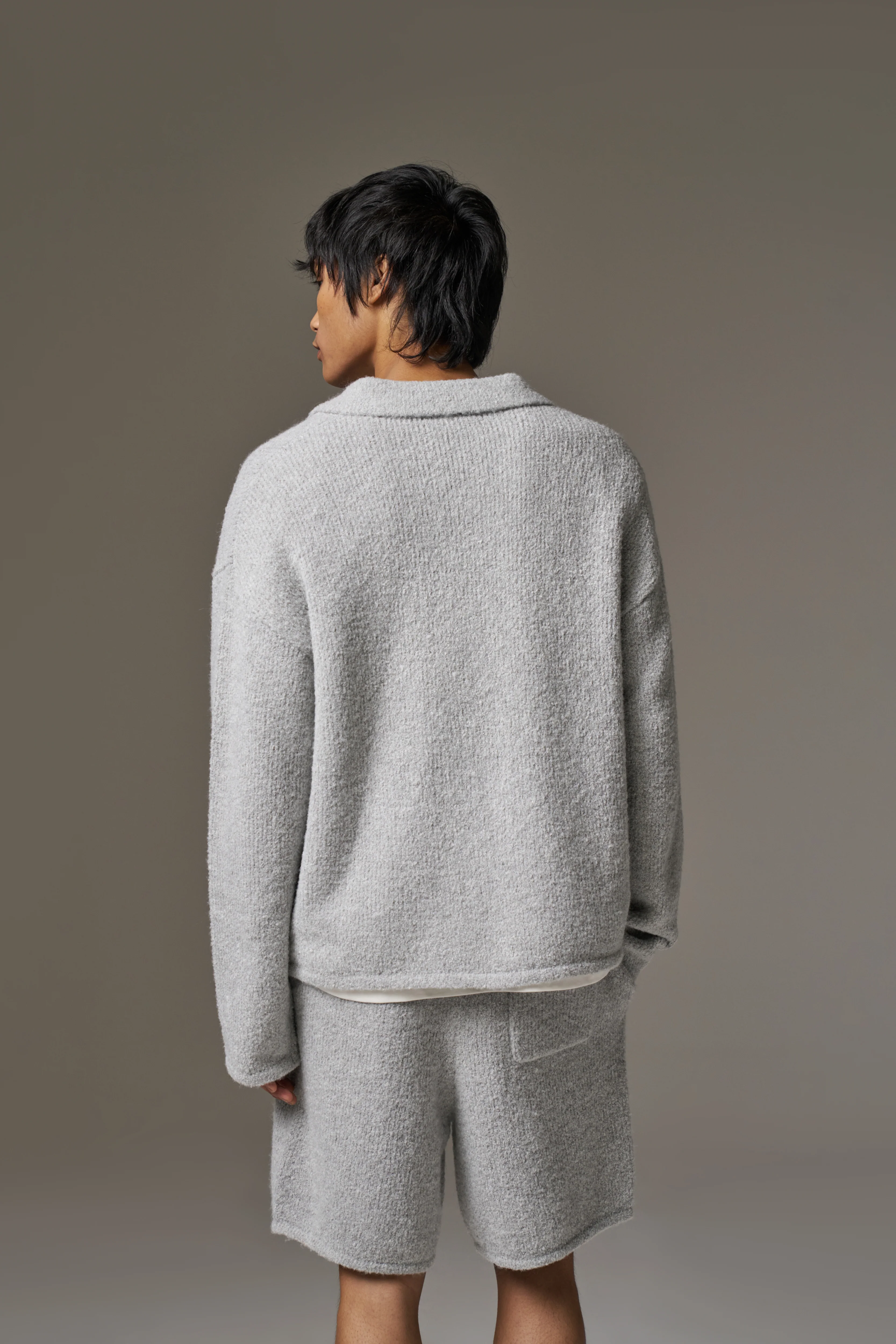 BOUCLE KNIT LONG SLEEVE POLO - GREY MARL - Image 10
