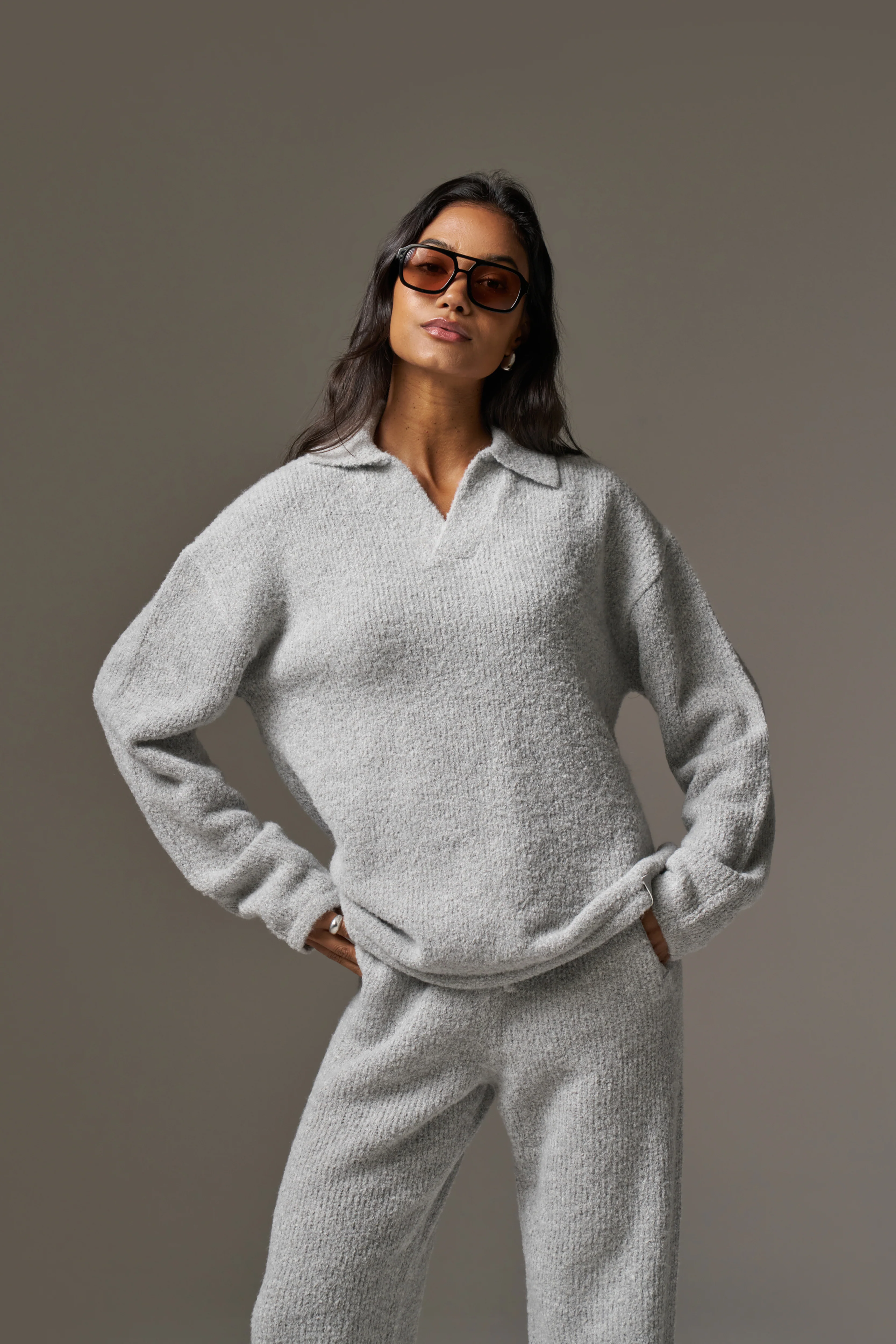 BOUCLE KNIT LONG SLEEVE POLO - GREY MARL - Image 3