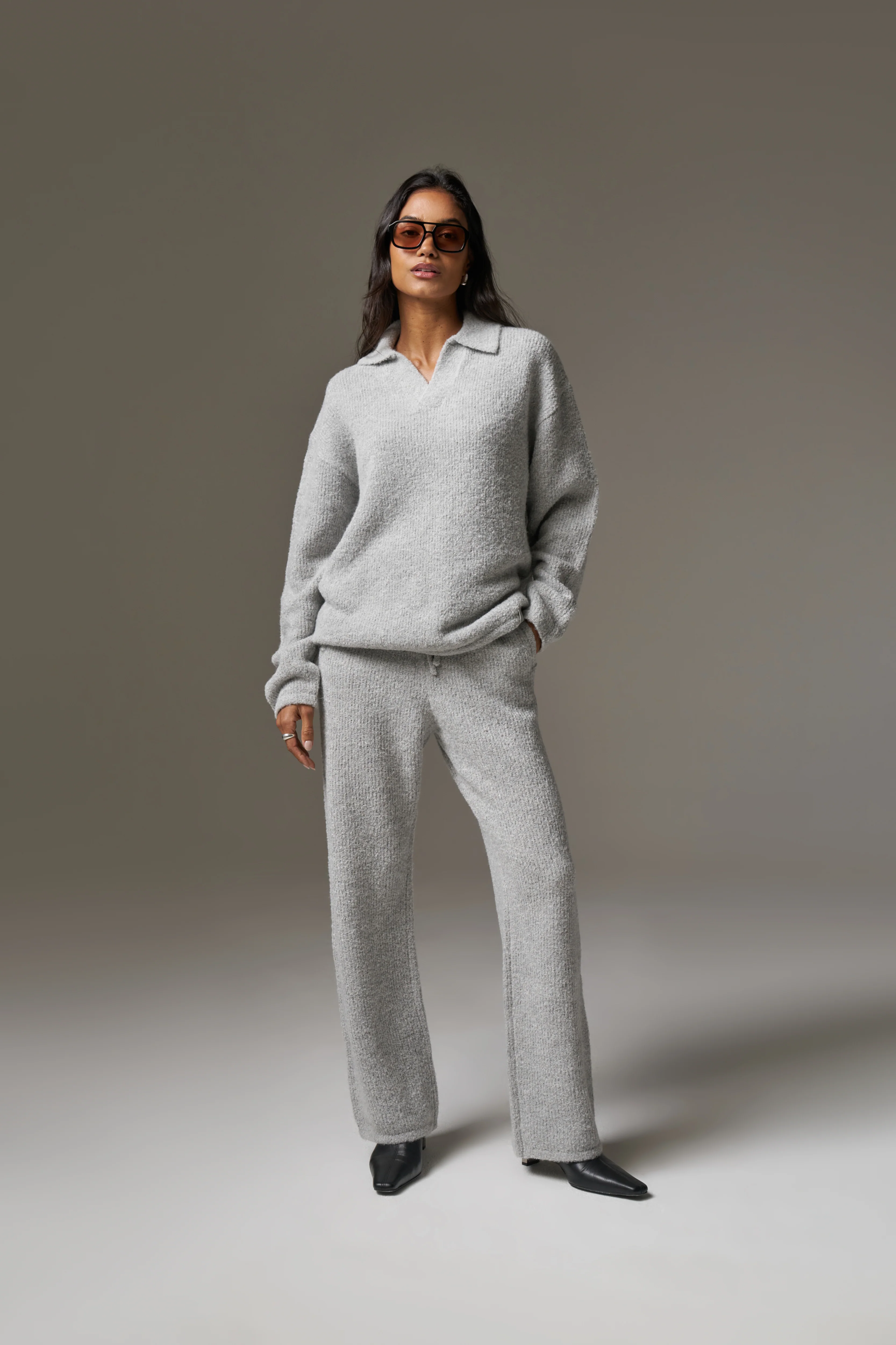 BOUCLE KNIT LONG SLEEVE POLO - GREY MARL - Image 4