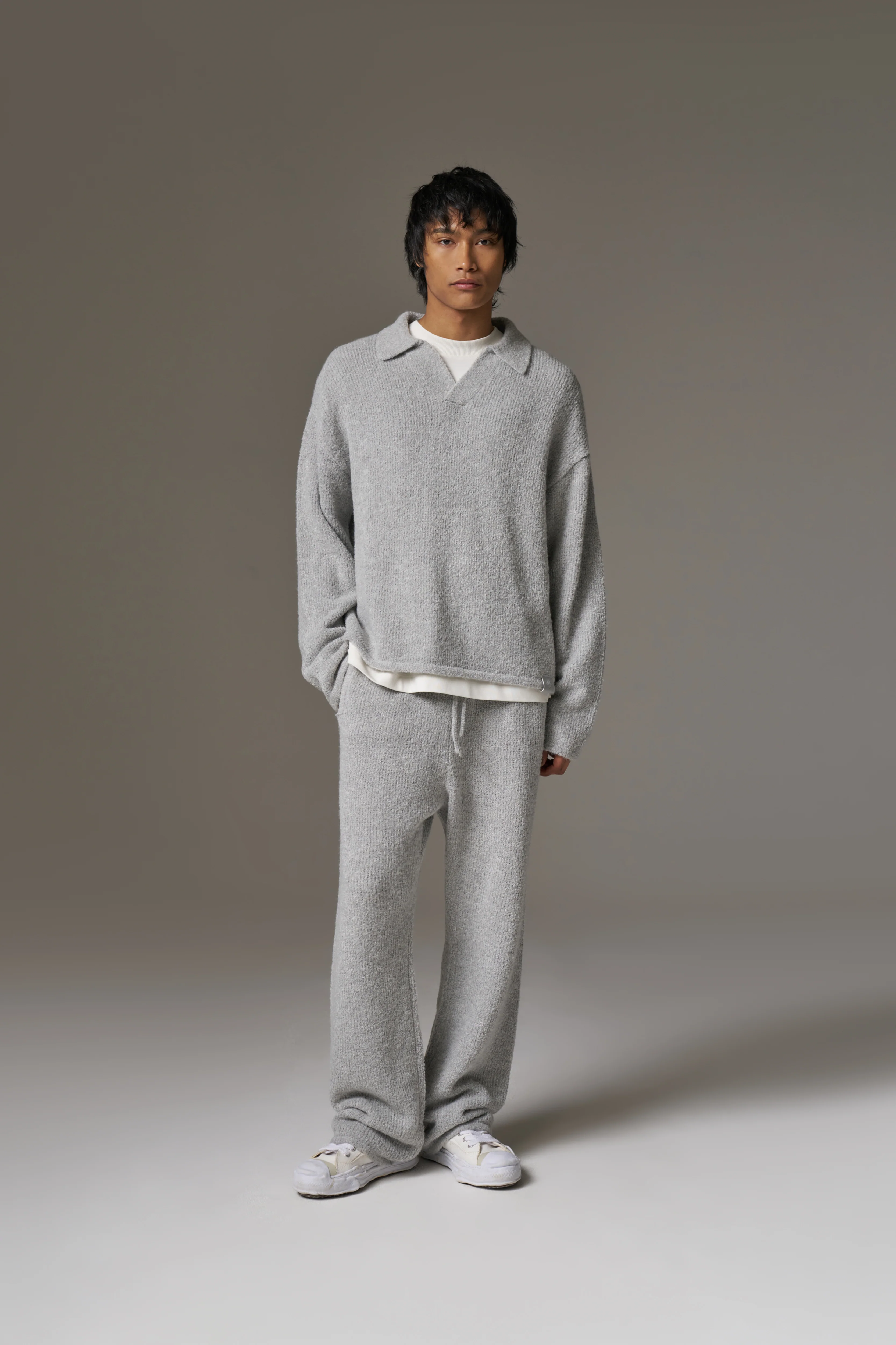 BOUCLE KNIT LONG SLEEVE POLO - GREY MARL - Image 5
