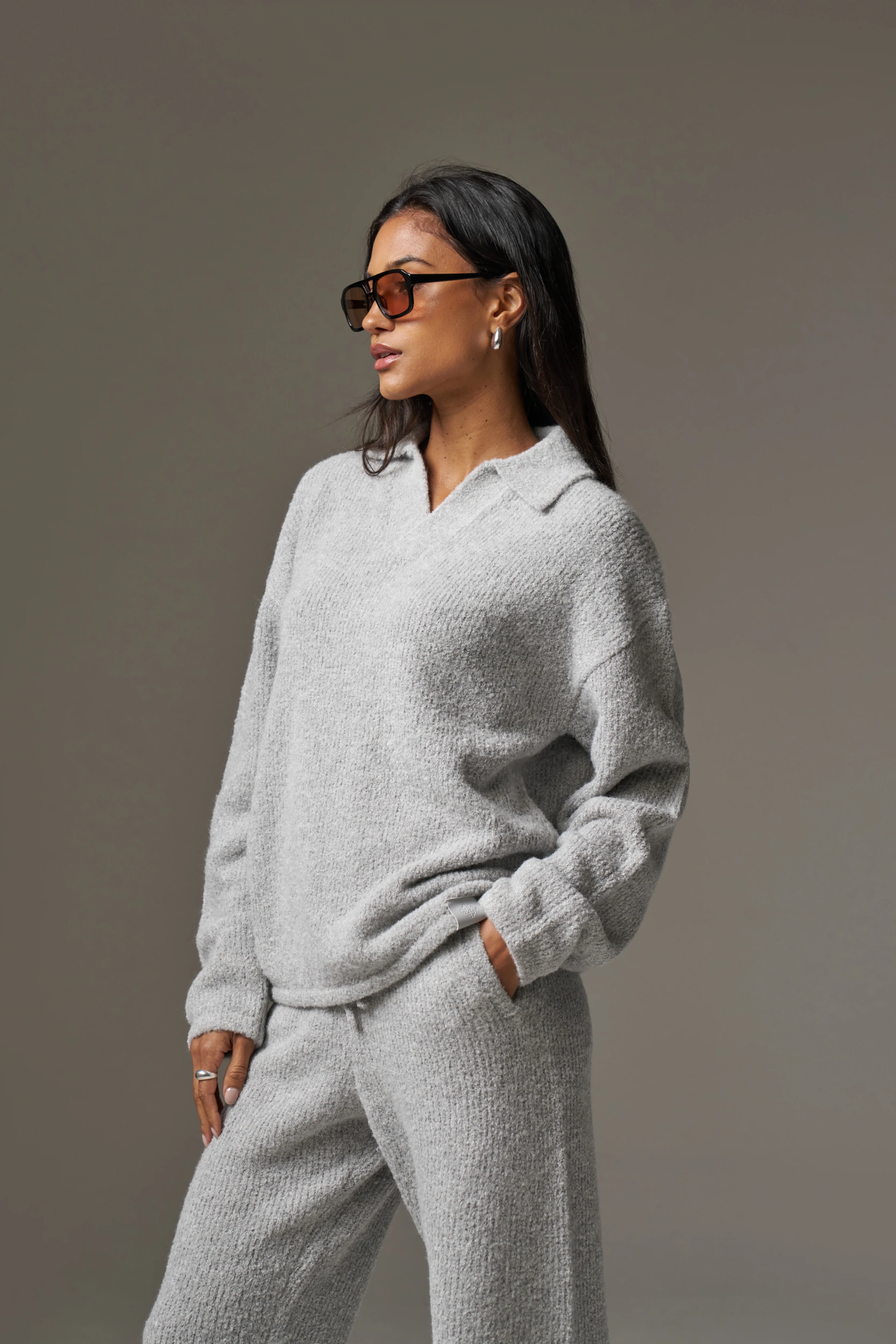 BOUCLE KNIT LONG SLEEVE POLO - GREY MARL - Image 8