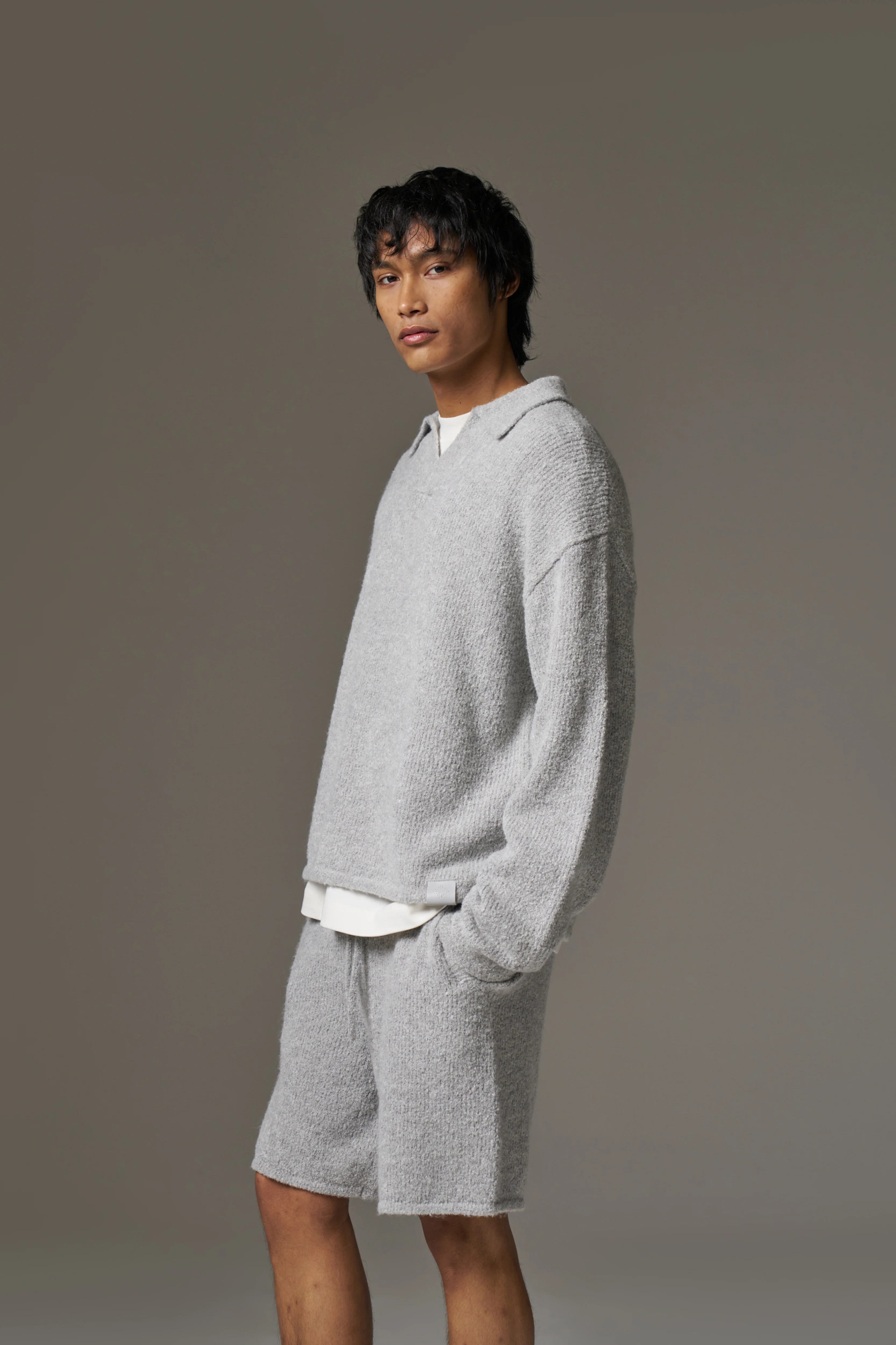 BOUCLE KNIT LONG SLEEVE POLO - GREY MARL - Image 9