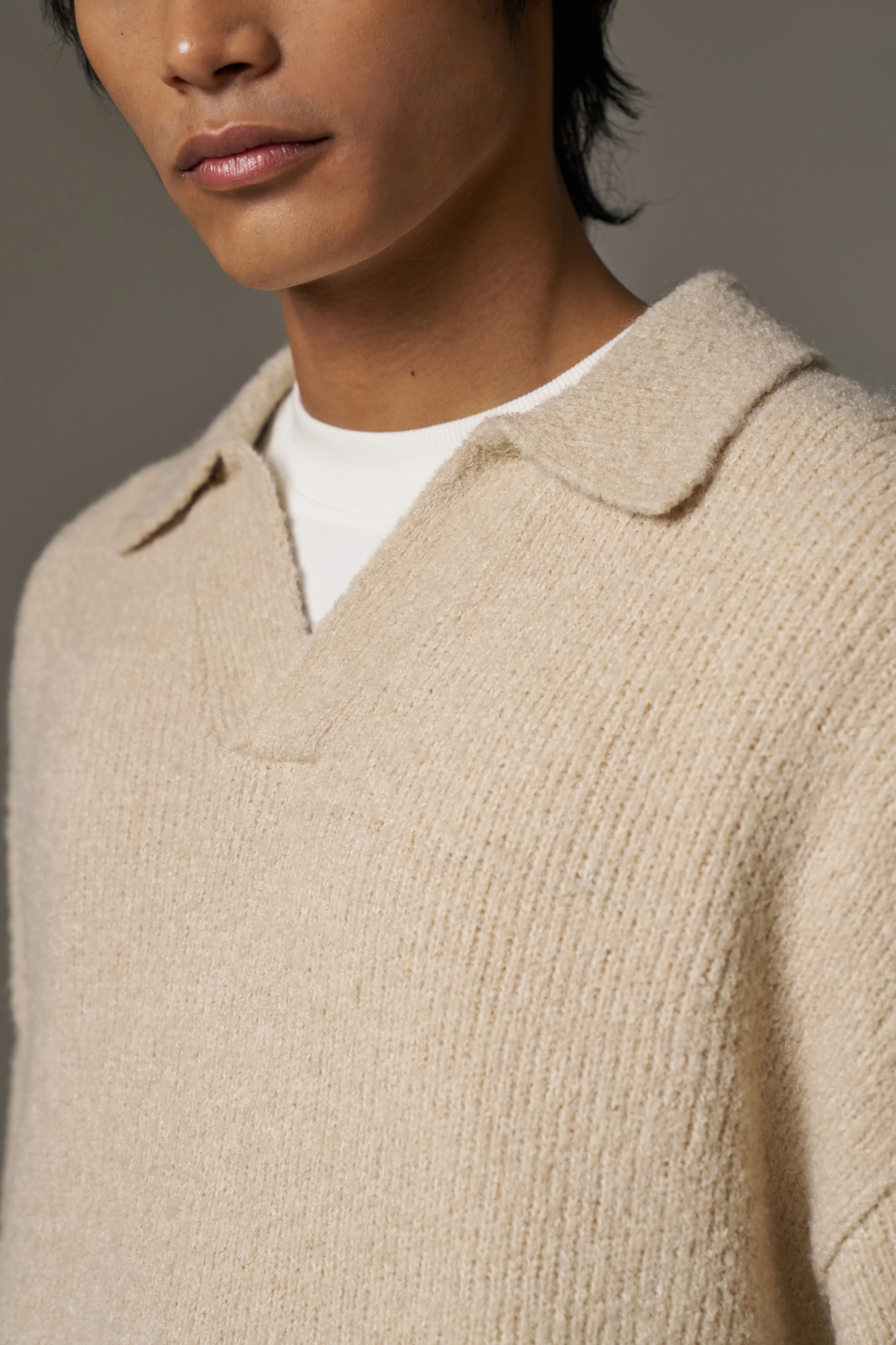 BOUCLE KNIT LONG SLEEVE POLO - STONE - Image 6