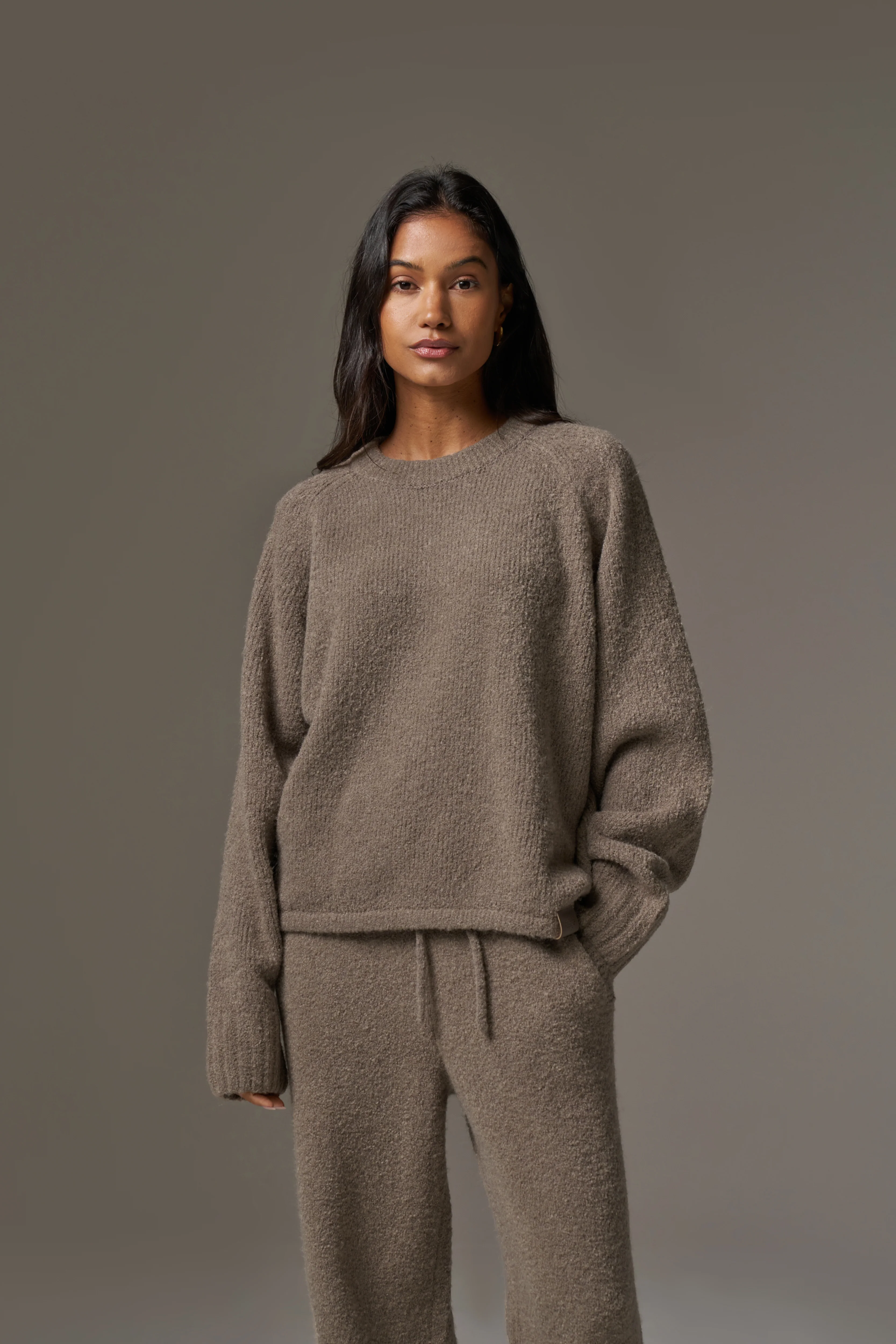 BOUCLE KNIT RAGLAN CREW - BROWN - Image 3