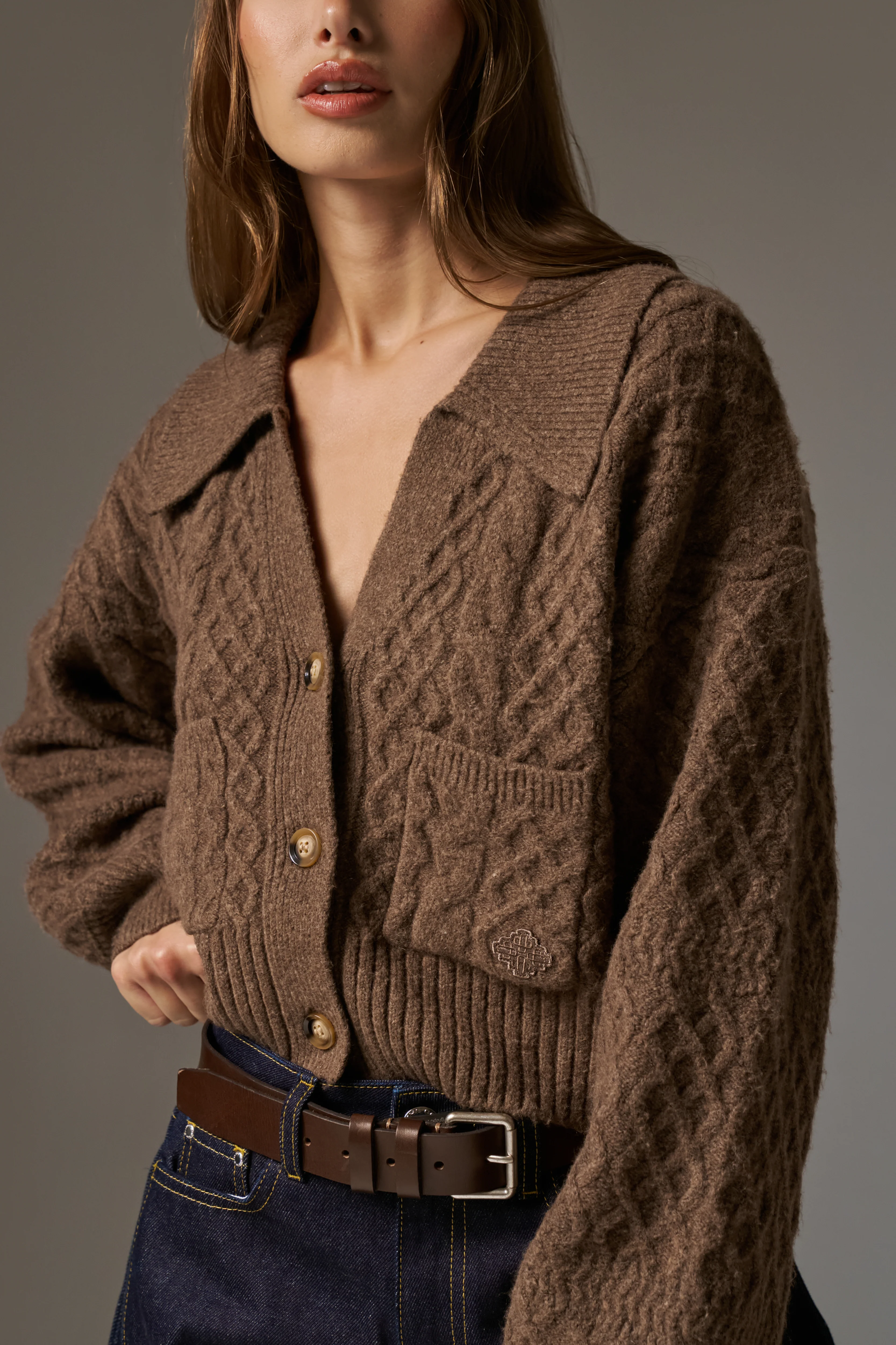 CABLE KNIT CARDIGAN - BROWN - Image 5