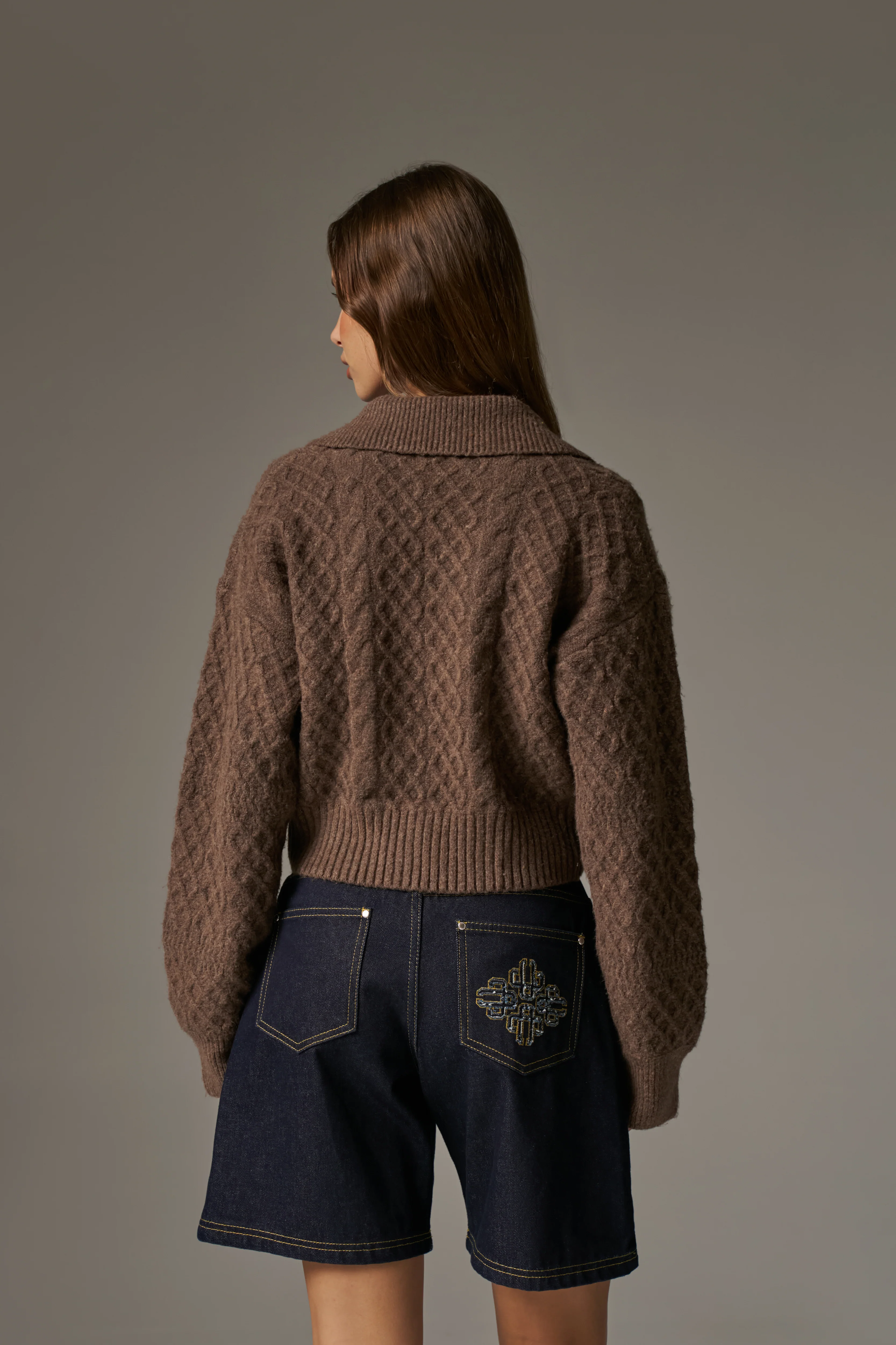 CABLE KNIT CARDIGAN - BROWN - Image 6