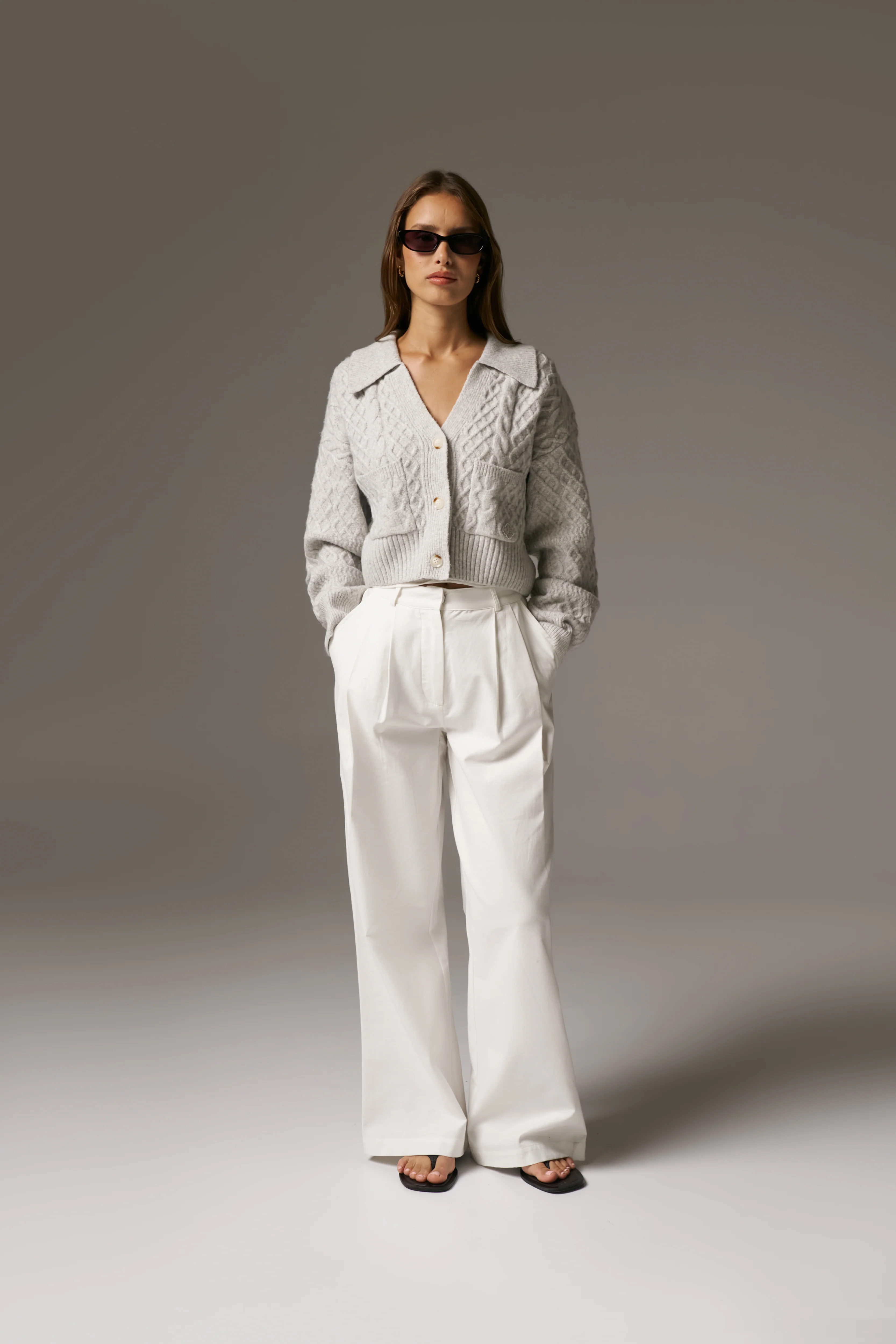CABLE KNIT CARDIGAN - GREY MARL - Image 3