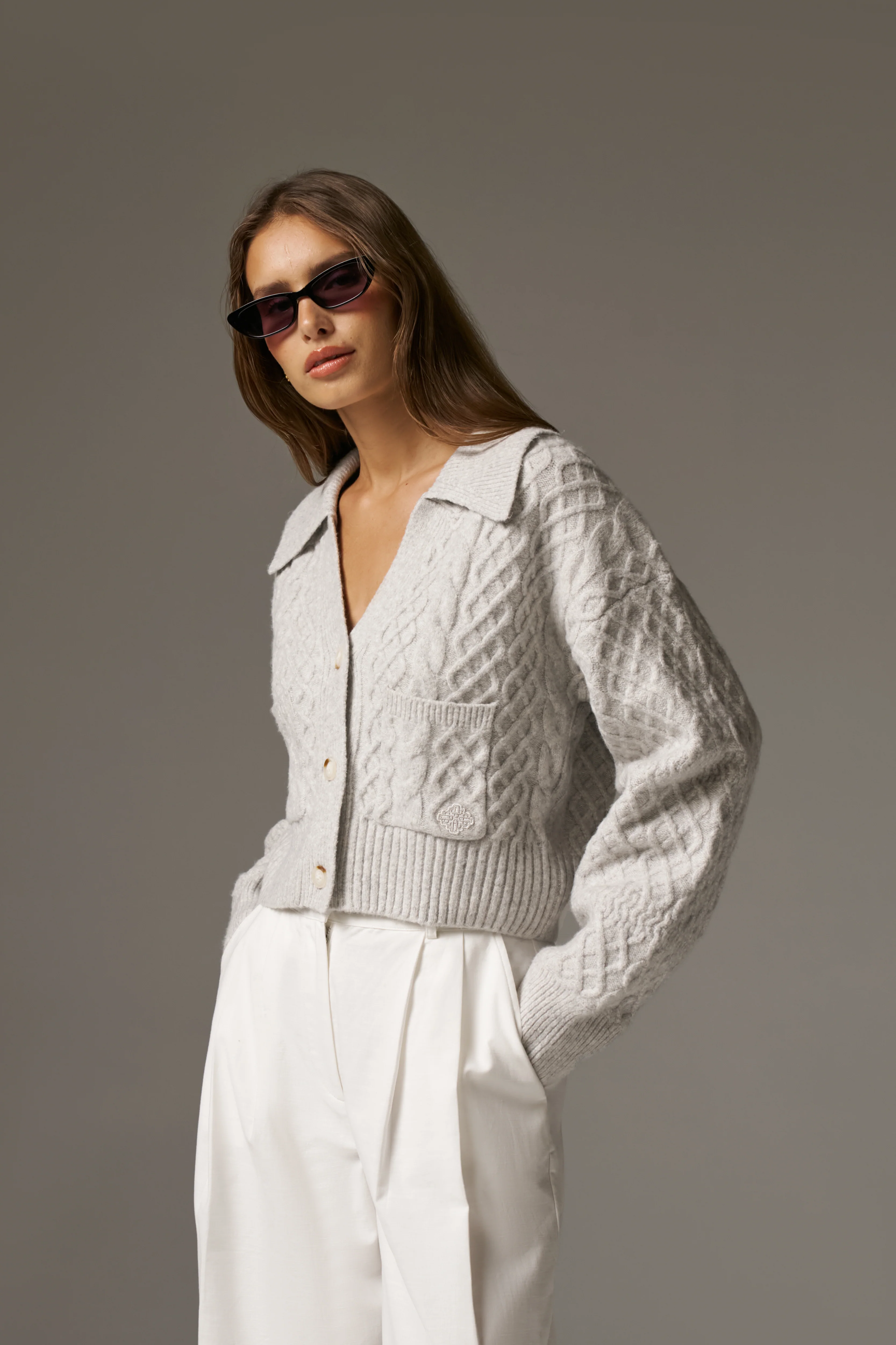 CABLE KNIT CARDIGAN - GREY MARL - Image 4
