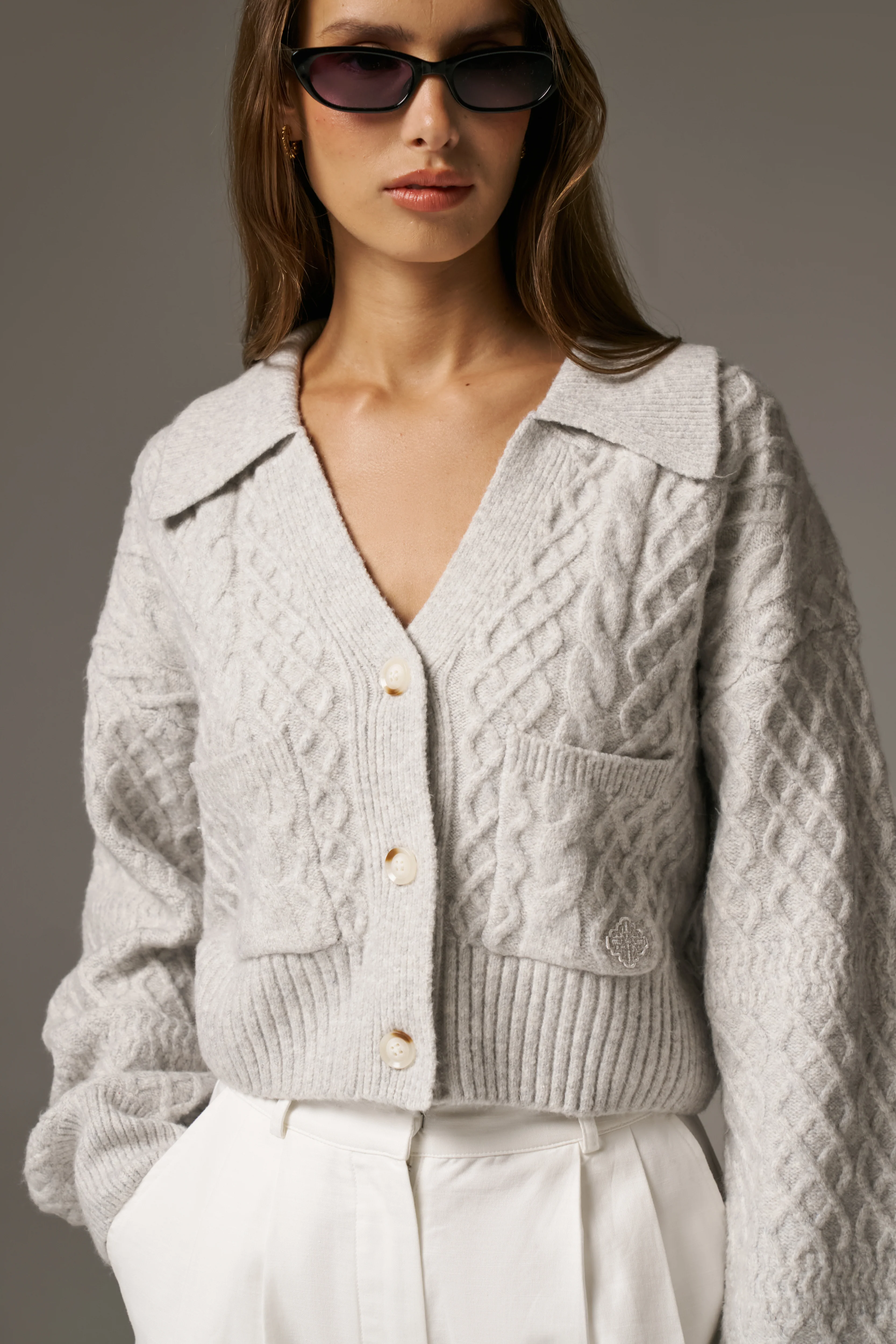 CABLE KNIT CARDIGAN - GREY MARL - Image 5