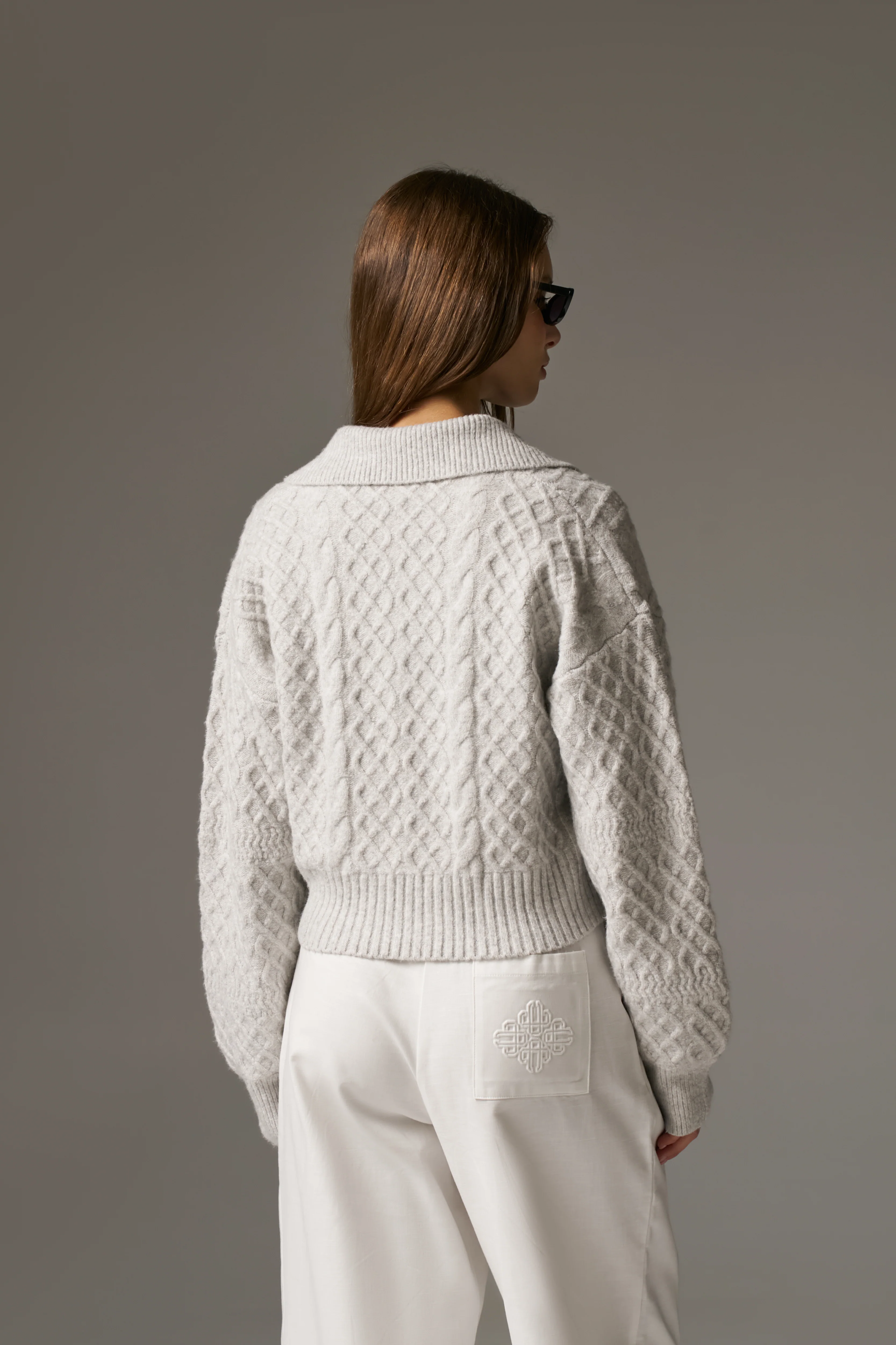 CABLE KNIT CARDIGAN - GREY MARL - Image 6
