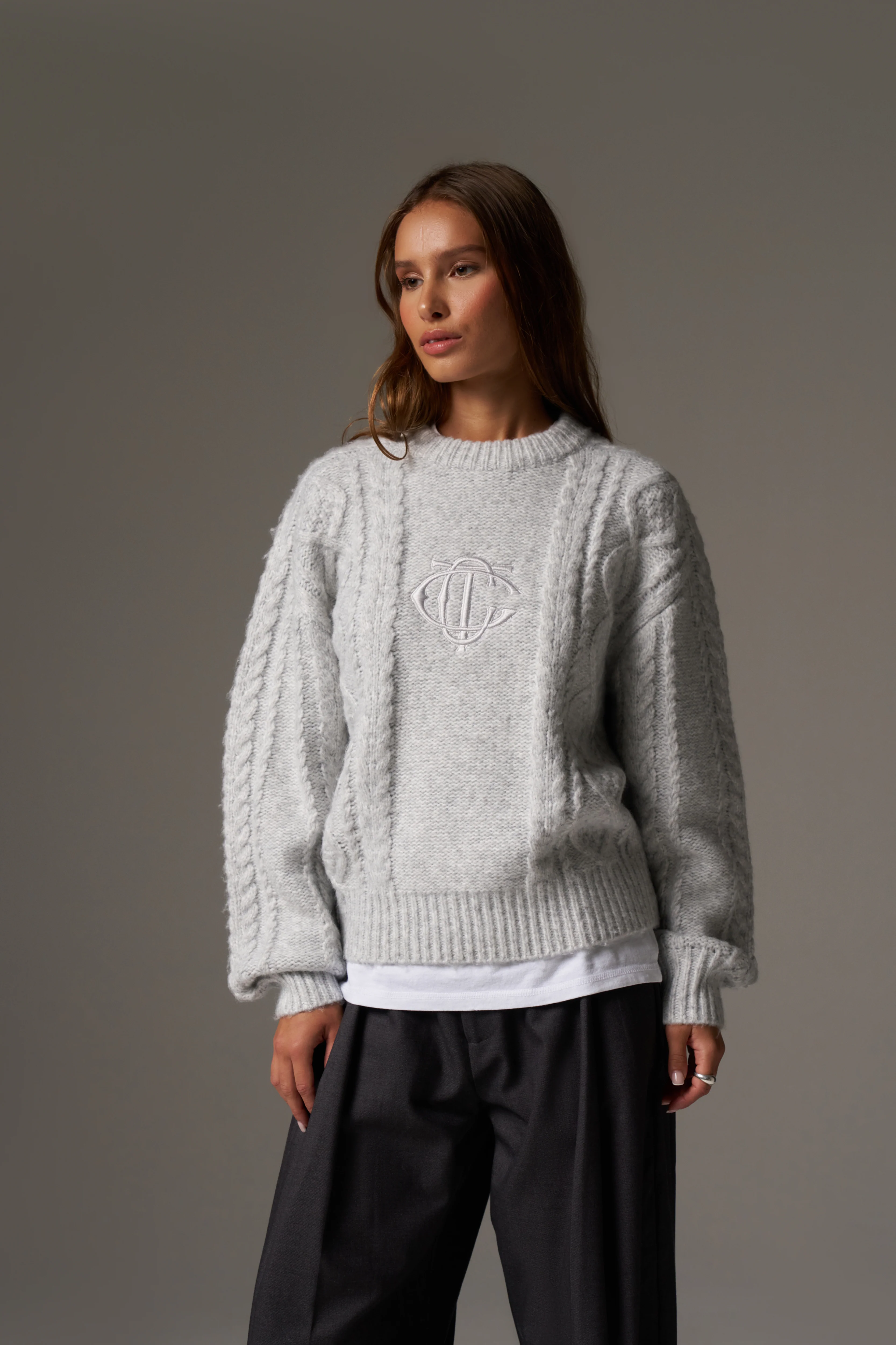 CABLE KNIT EMBROIDERED EMBLEM JUMPER - GREY MARL - Image 9