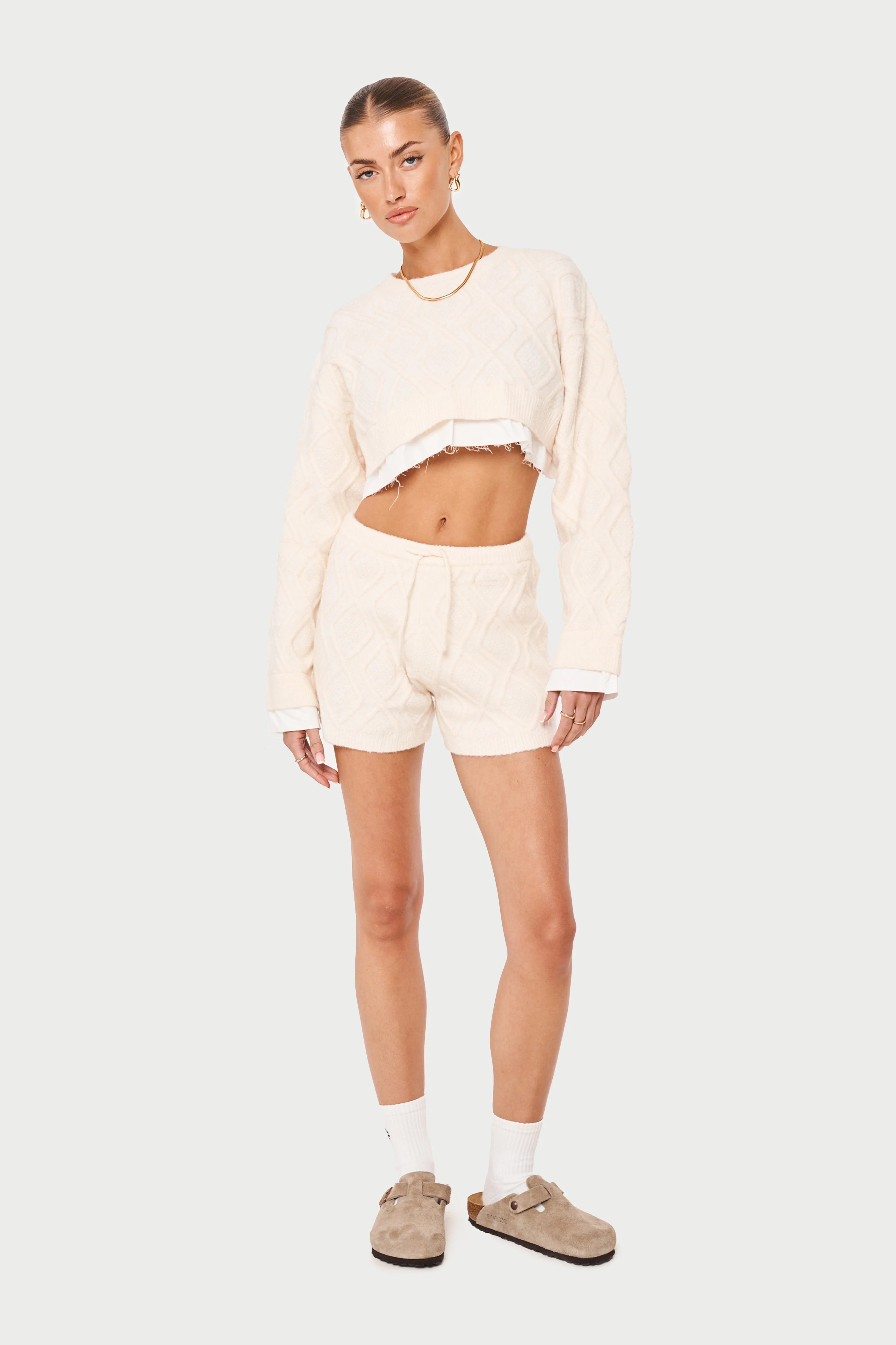 CABLE KNITTED SHORTS - OFF WHITE - Image 7