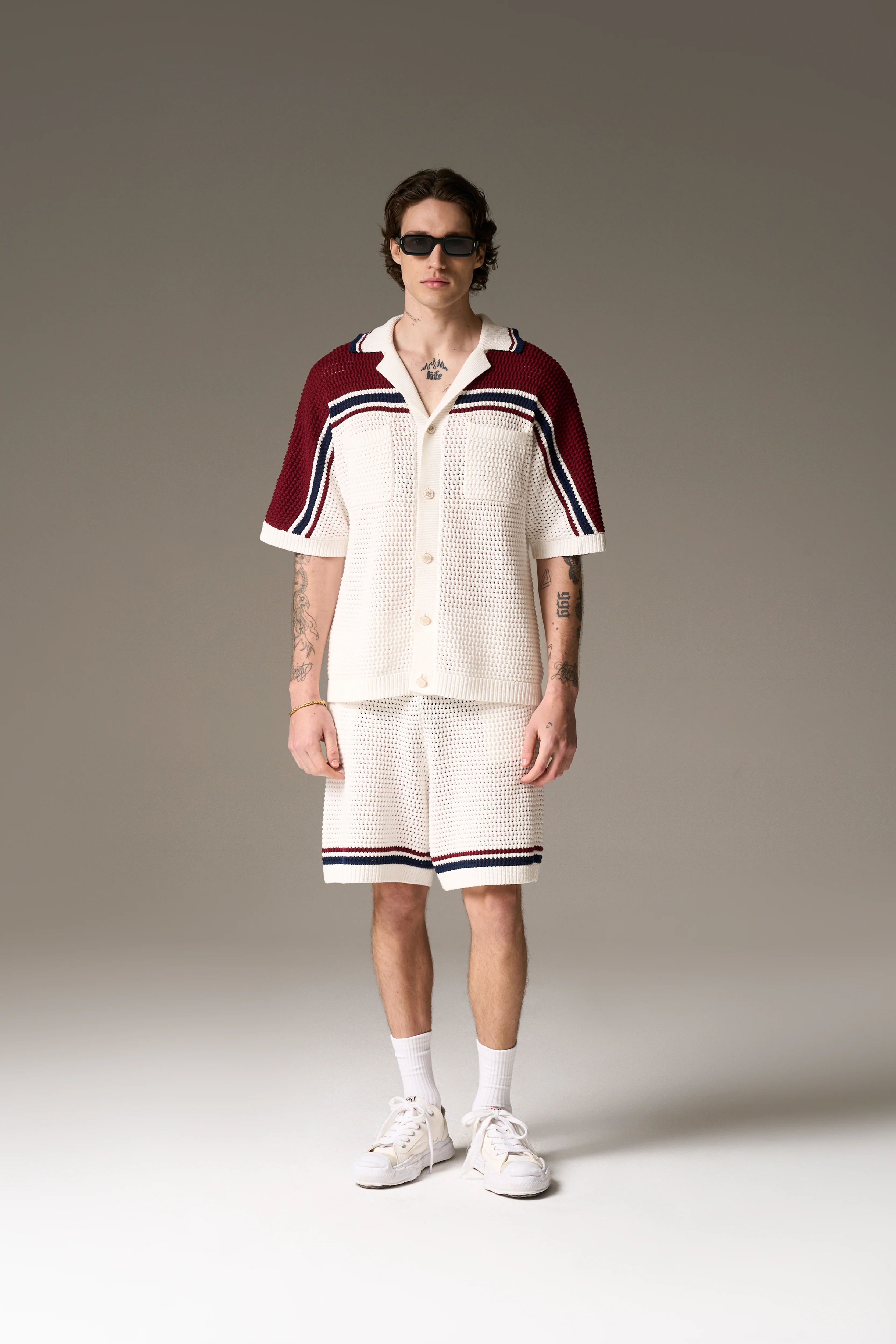 COLOUR BLOCK KNITTED STRIPE SHIRT - BURGUNDY - Image 3