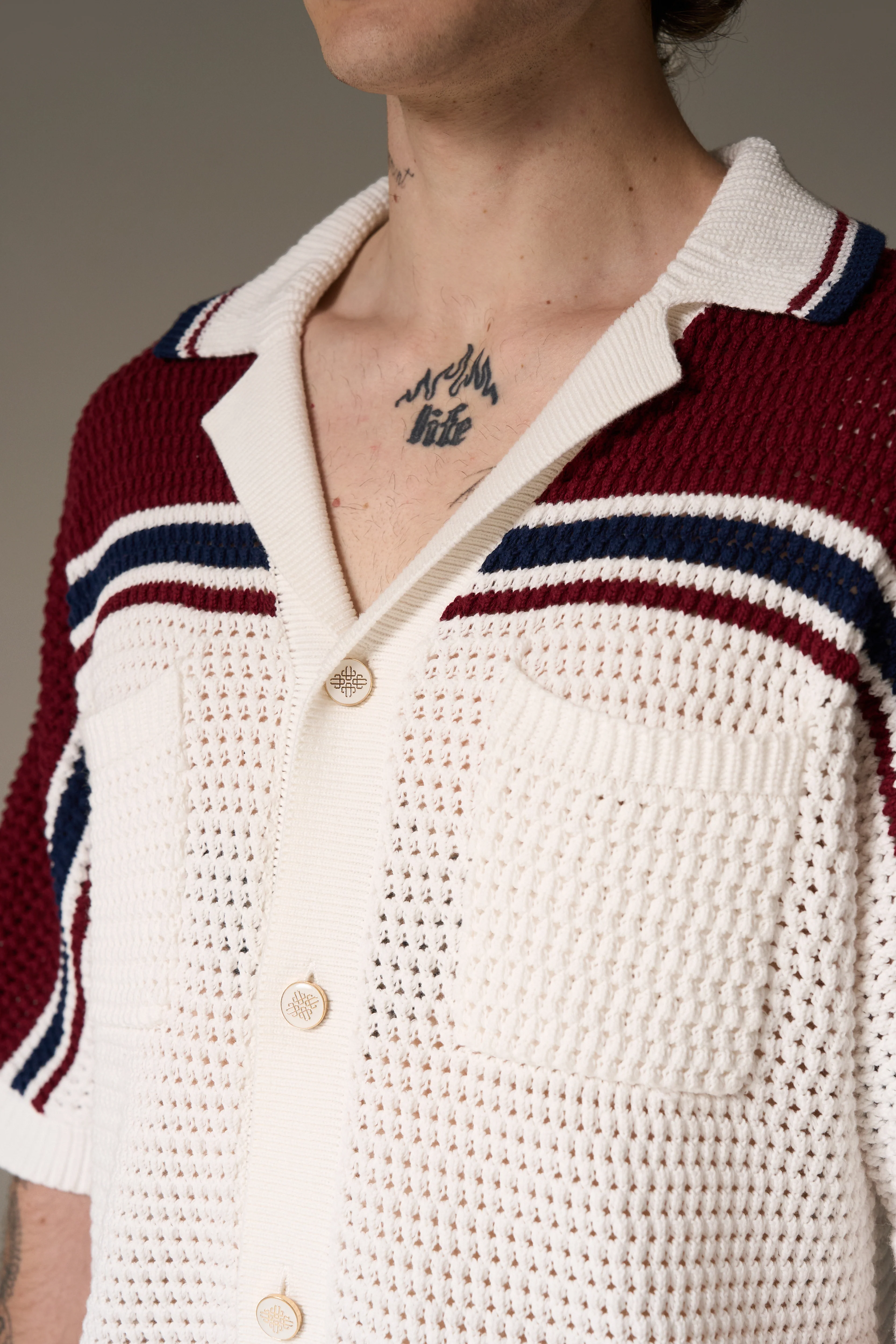 COLOUR BLOCK KNITTED STRIPE SHIRT - BURGUNDY - Image 4