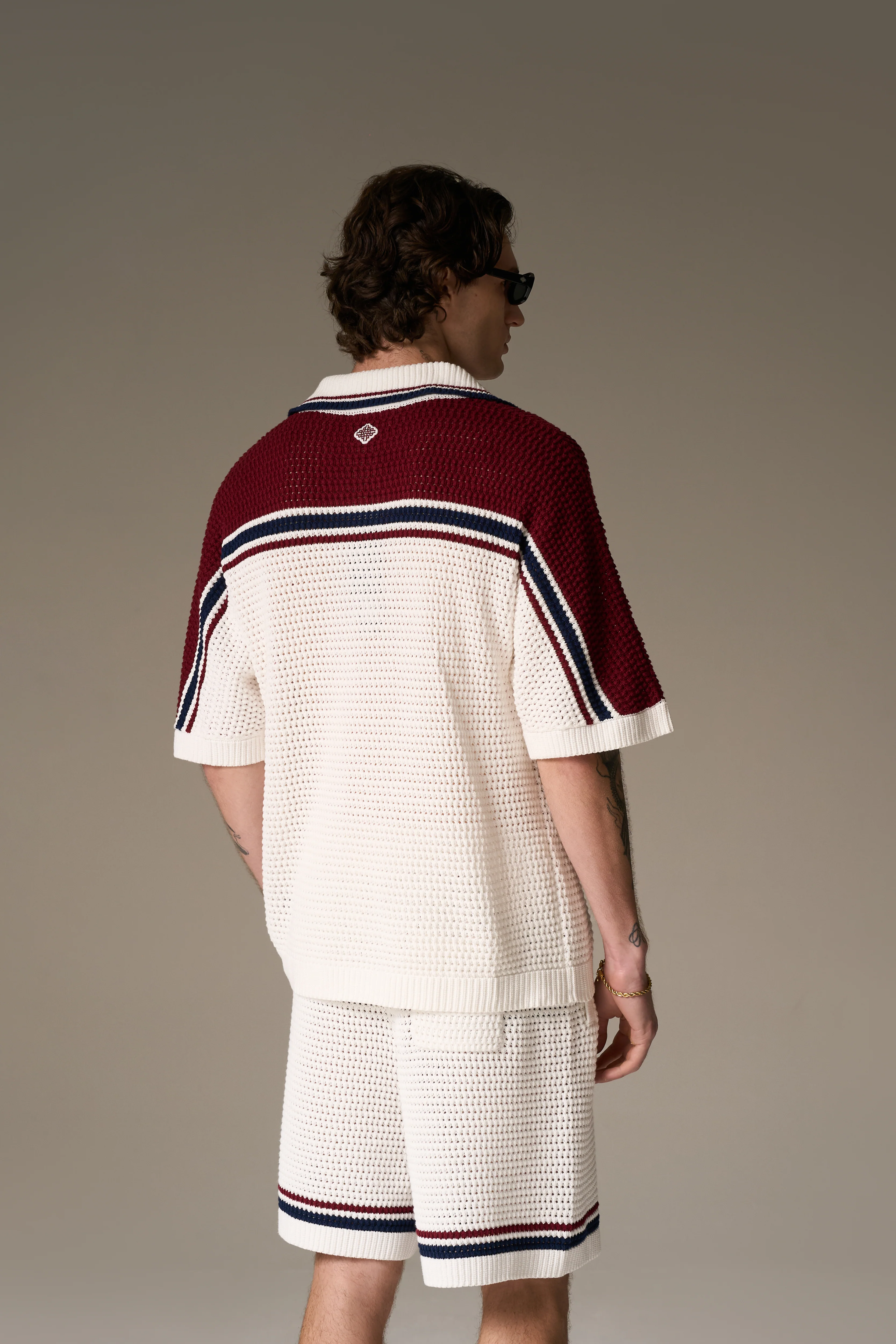 COLOUR BLOCK KNITTED STRIPE SHIRT - BURGUNDY - Image 6