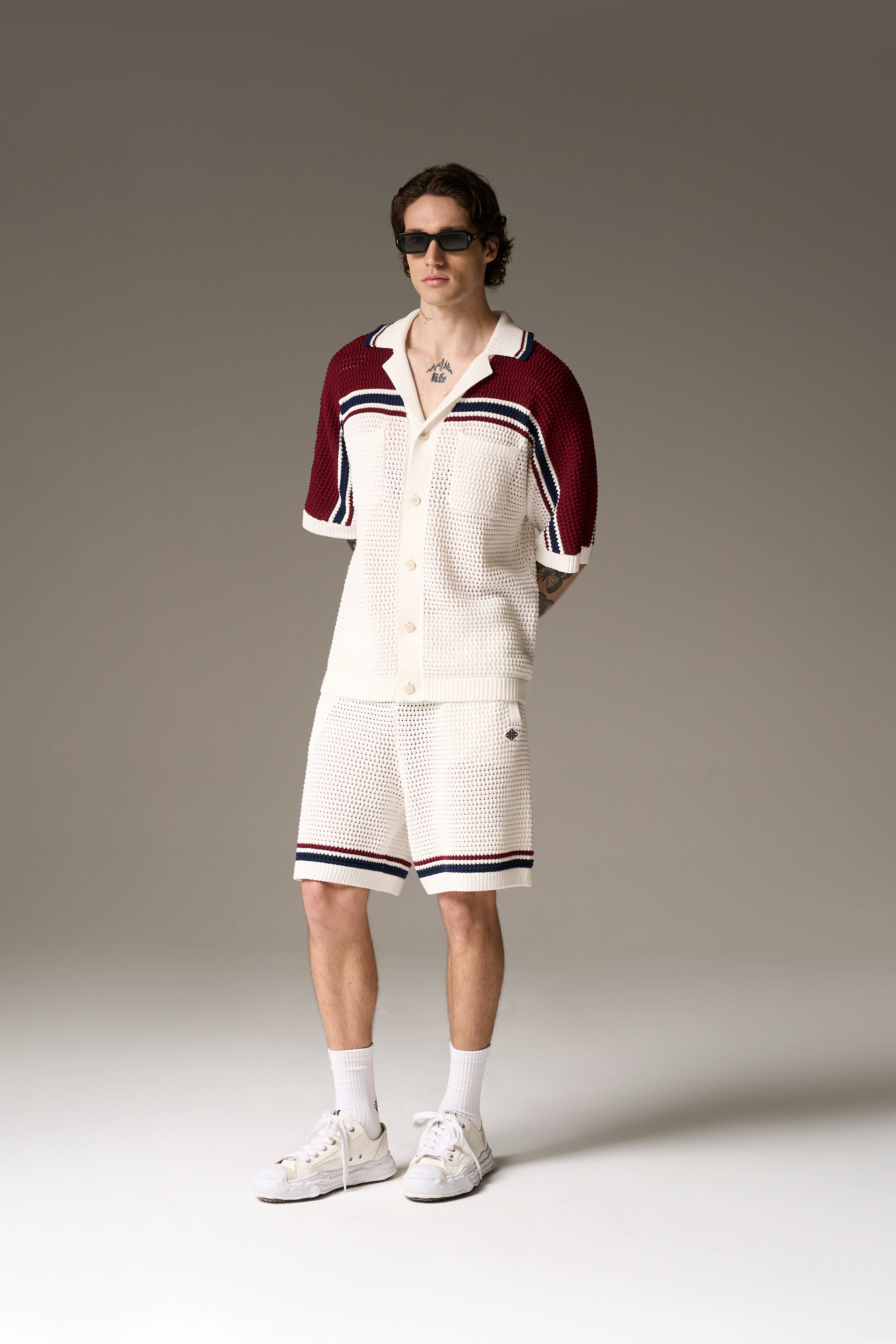 COLOUR BLOCK KNITTED STRIPE SHIRT - BURGUNDY - Image 8