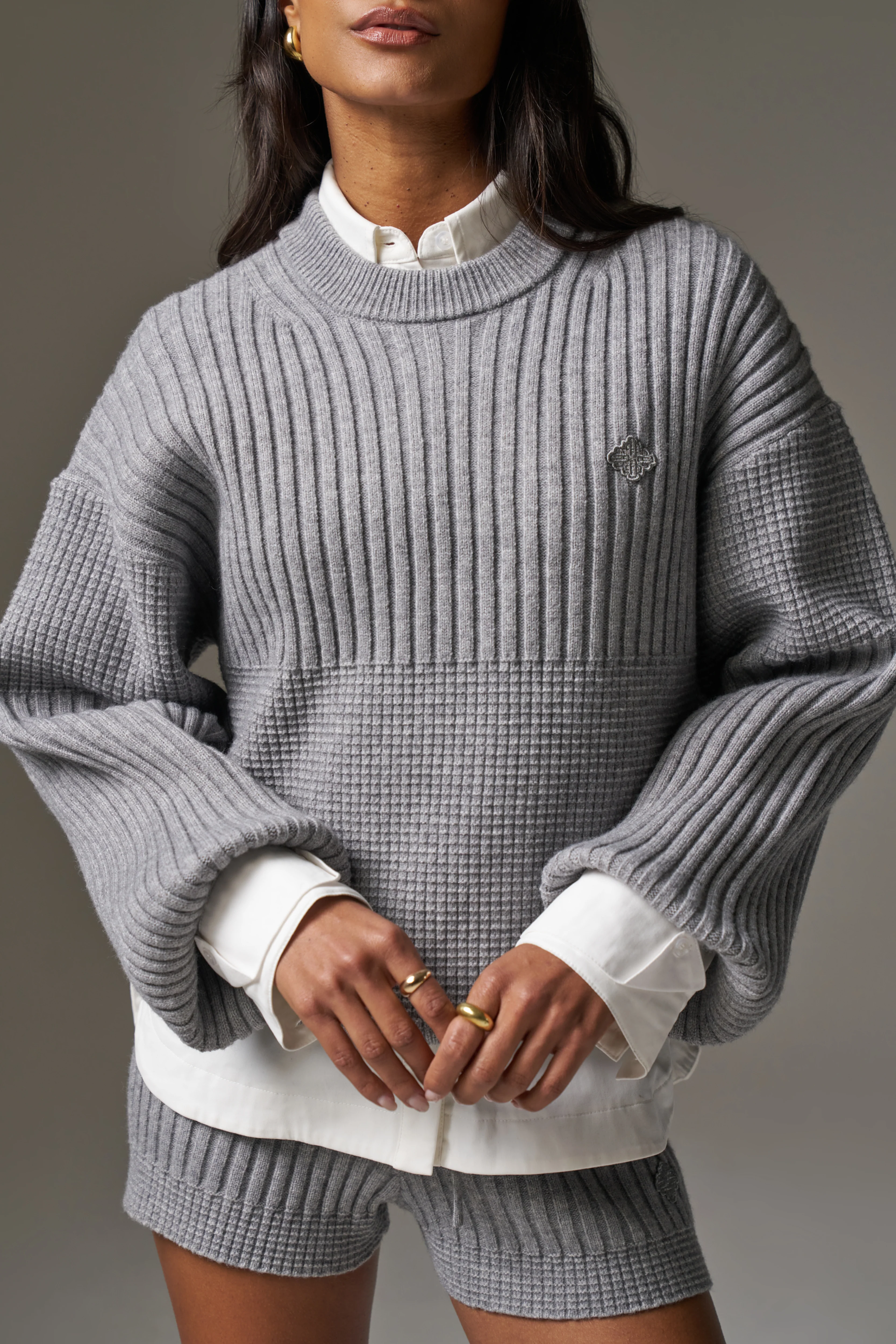 CONTRAST KNIT OVERSIZED CREW - GREY MARL - Image 4