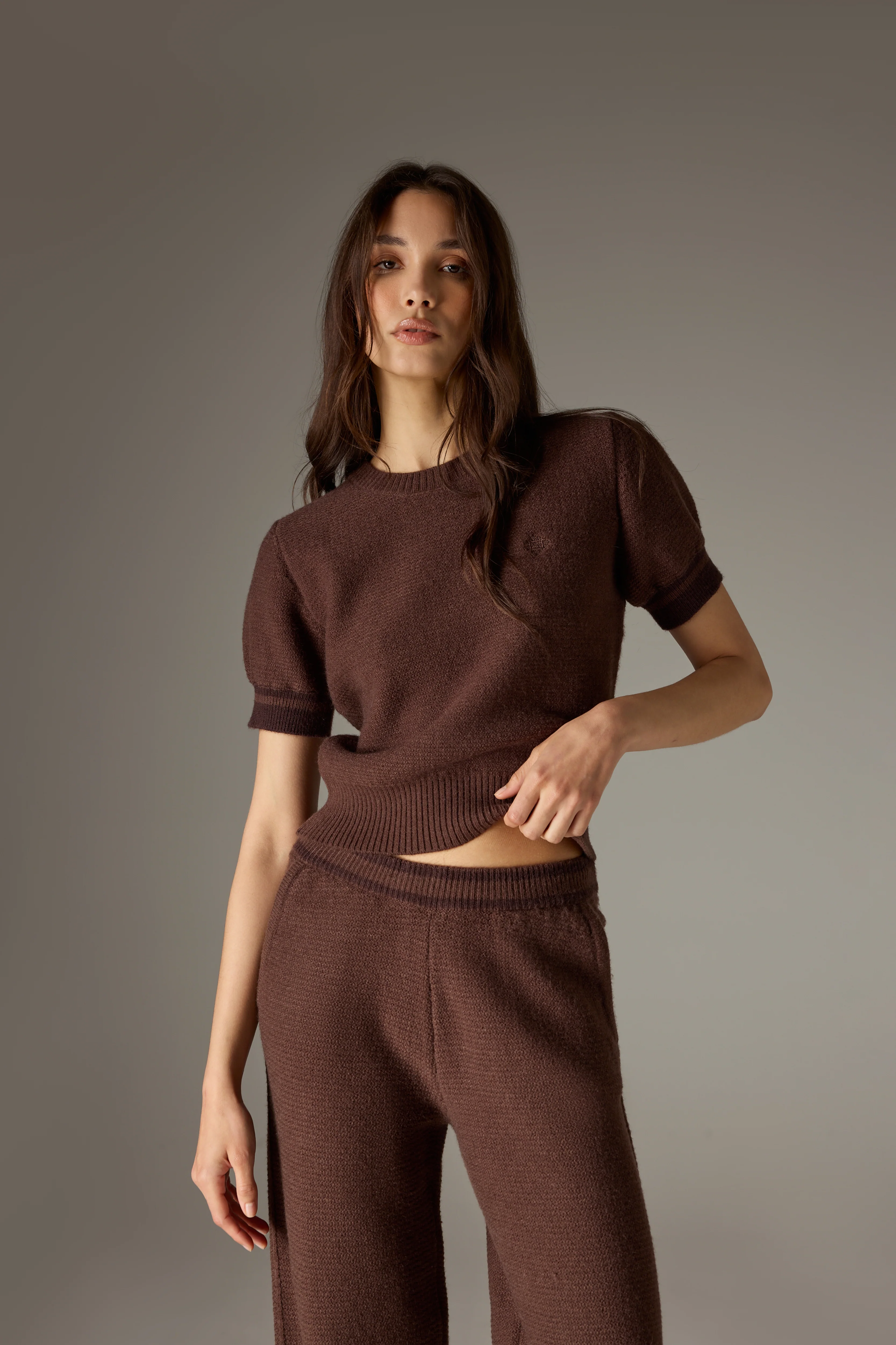CONTRAST STRIPE SHORT SLEEVE KNIT TEE - CHOCOLATE - Image 2