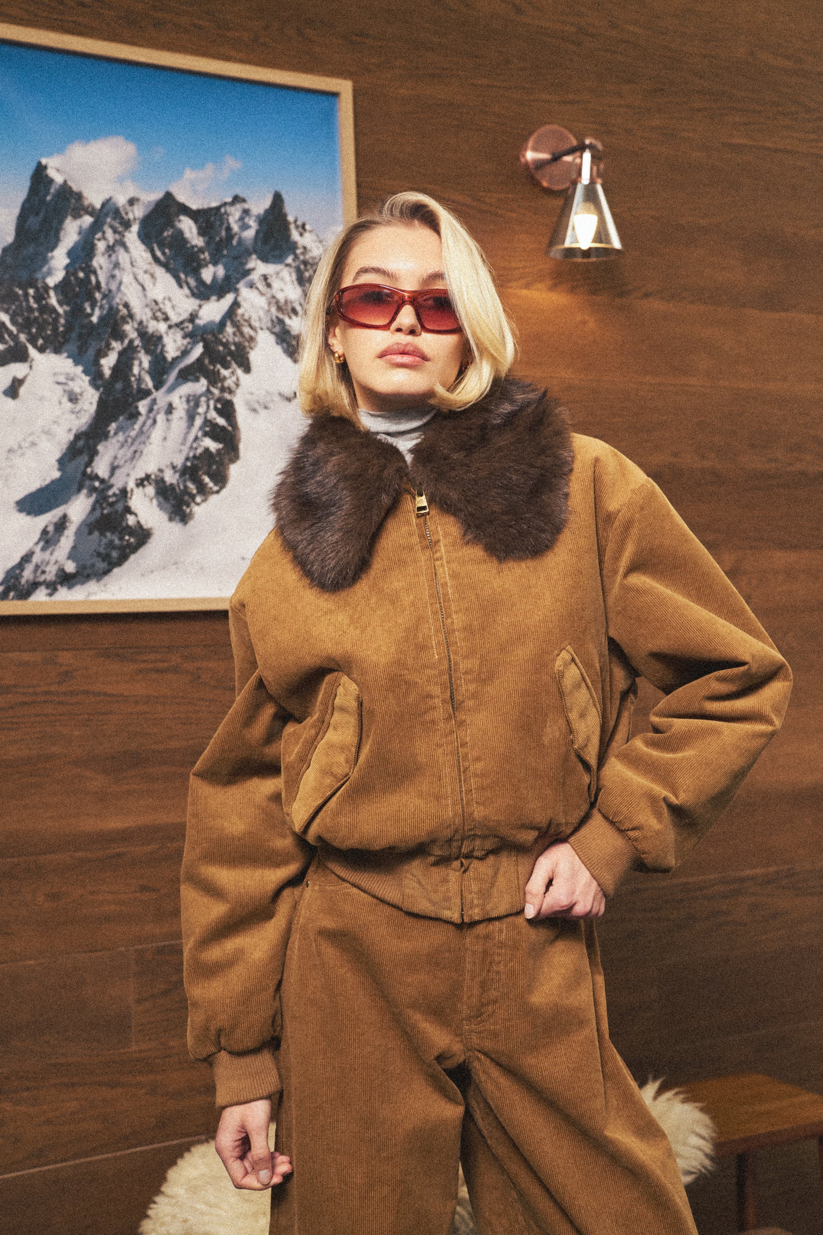 CORD FAUX FUR COLLAR BOMBER JACKET - TAN - Image 2
