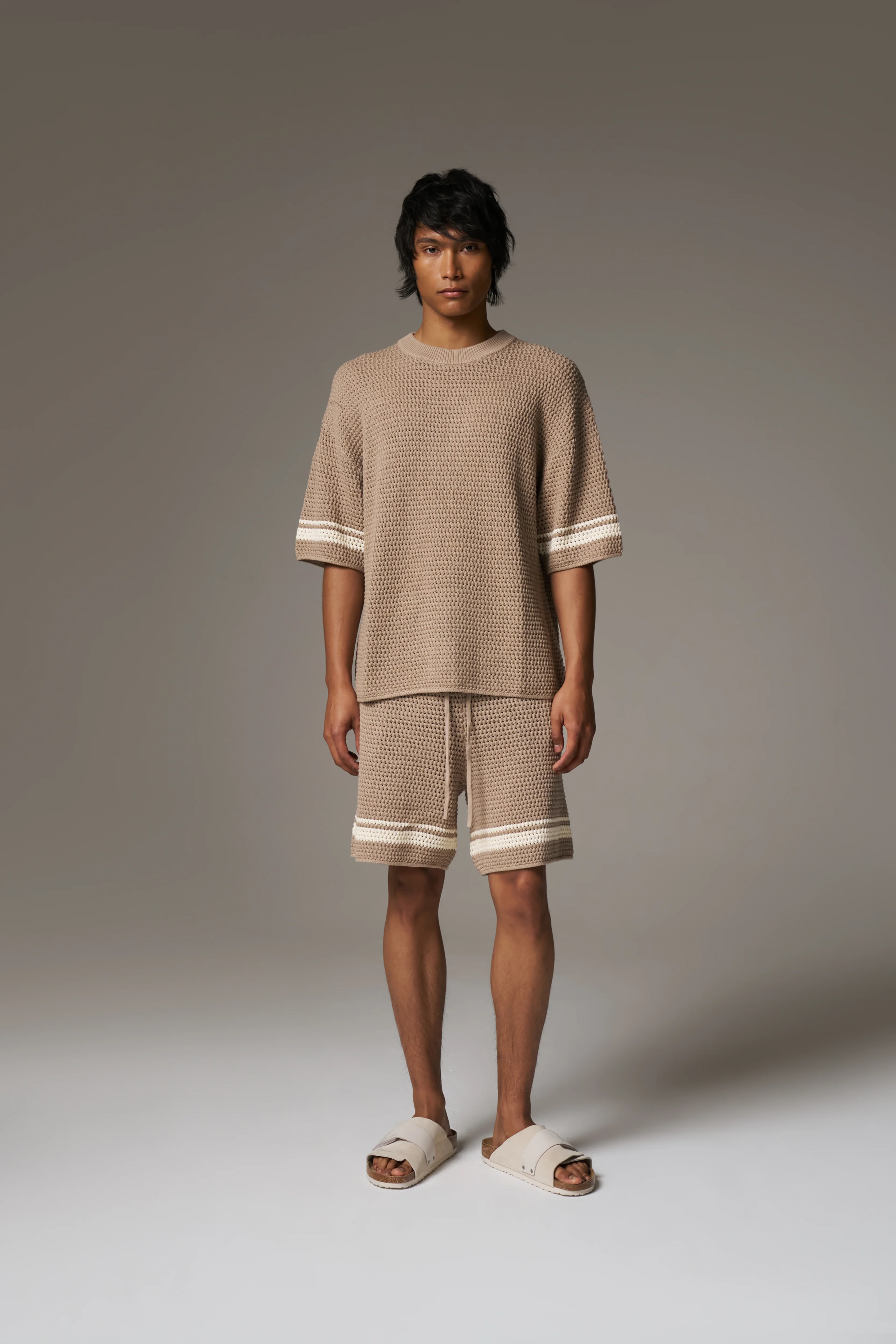 CROCHET KNITTED CONTRAST STRIPE T-SHIRT - BROWN - Image 3