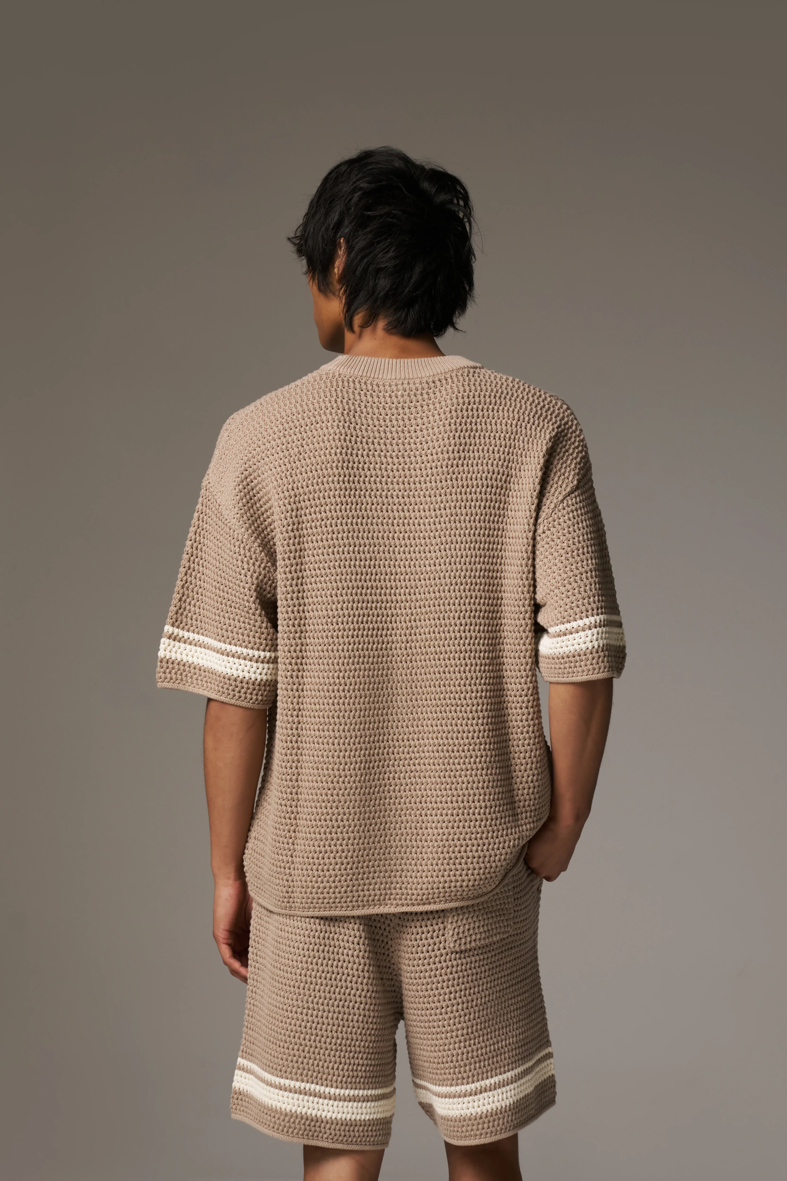 CROCHET KNITTED CONTRAST STRIPE T-SHIRT - BROWN - Image 6