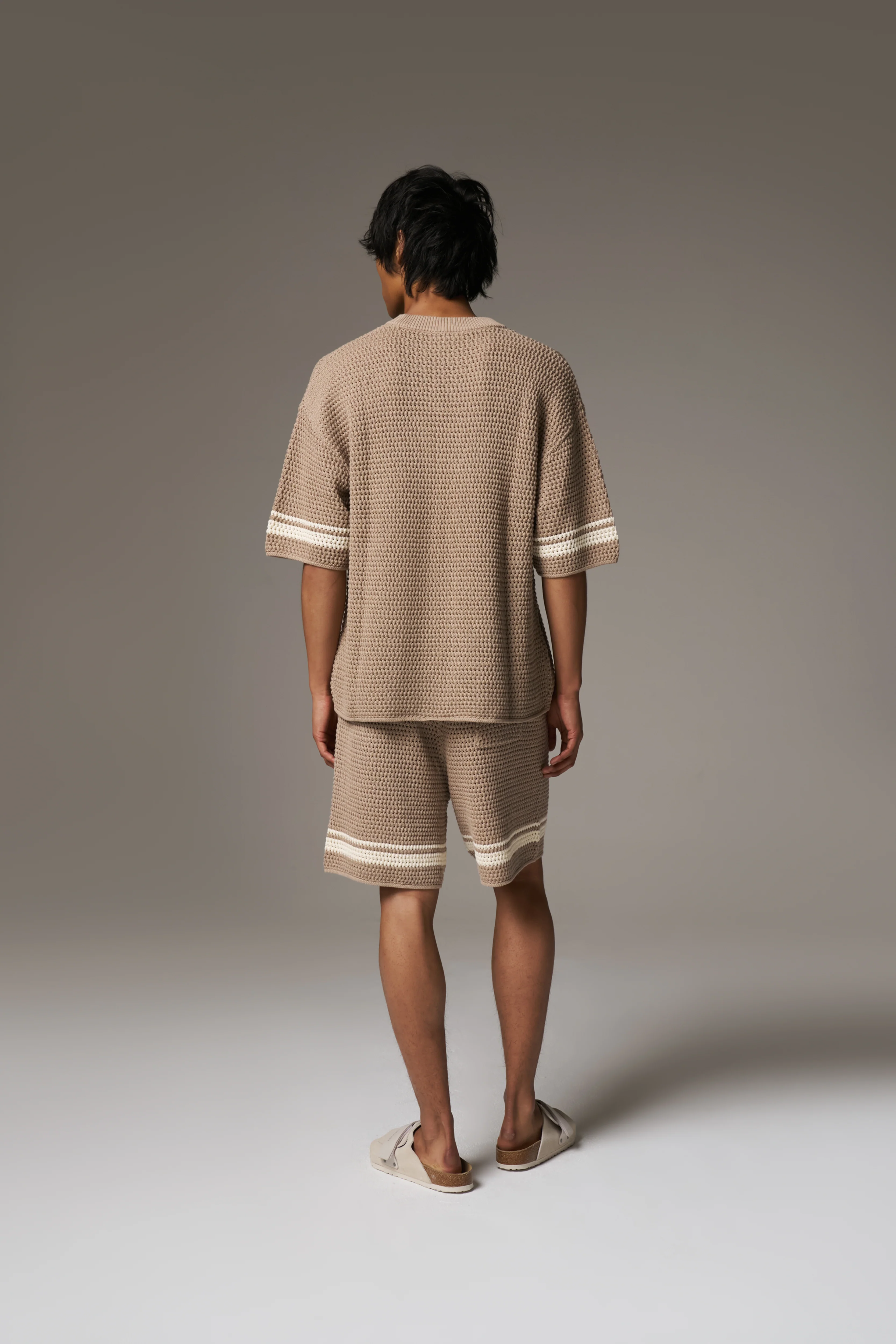CROCHET KNITTED CONTRAST STRIPE T-SHIRT - BROWN - Image 8