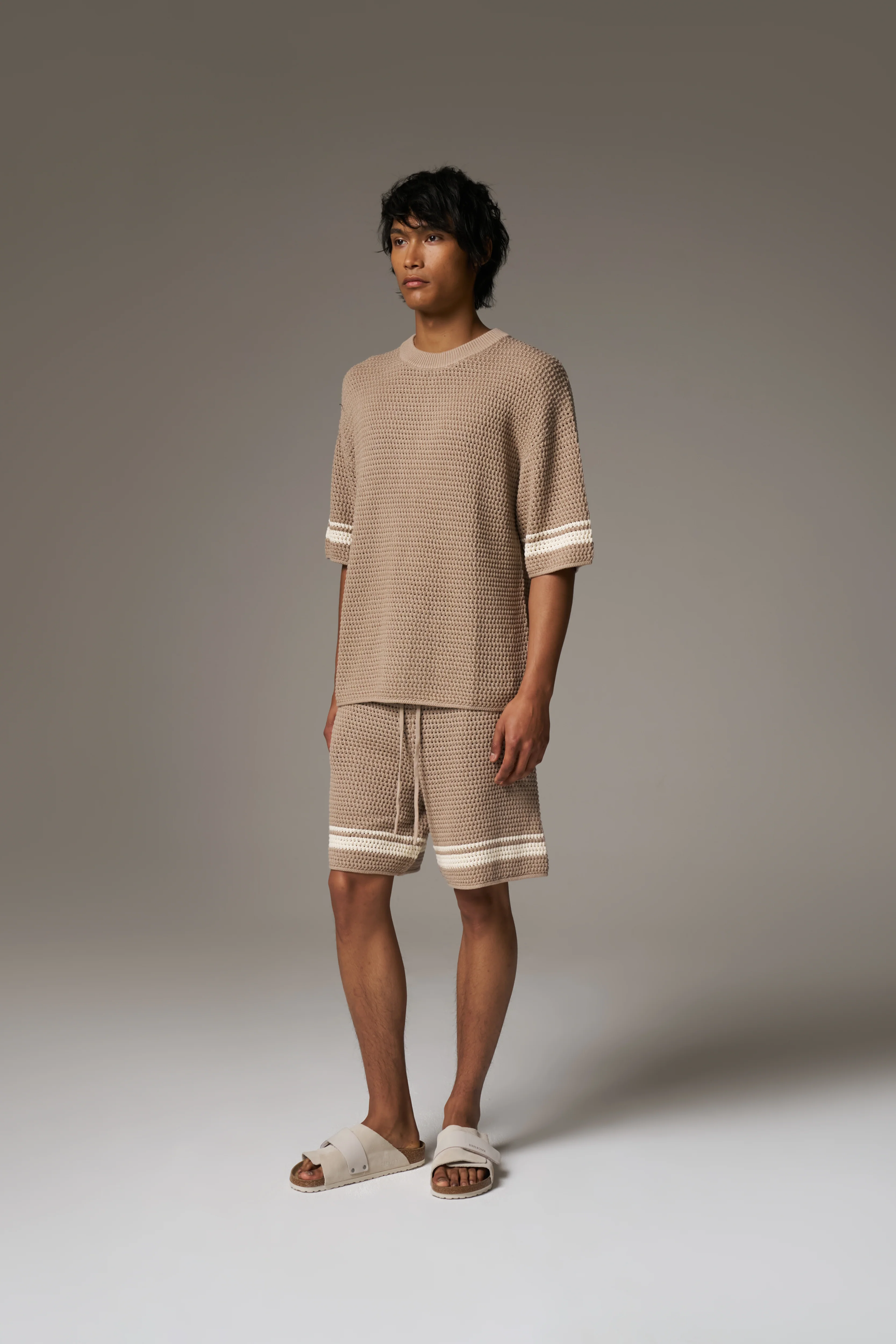 CROCHET KNITTED CONTRAST STRIPE T-SHIRT - BROWN - Image 9