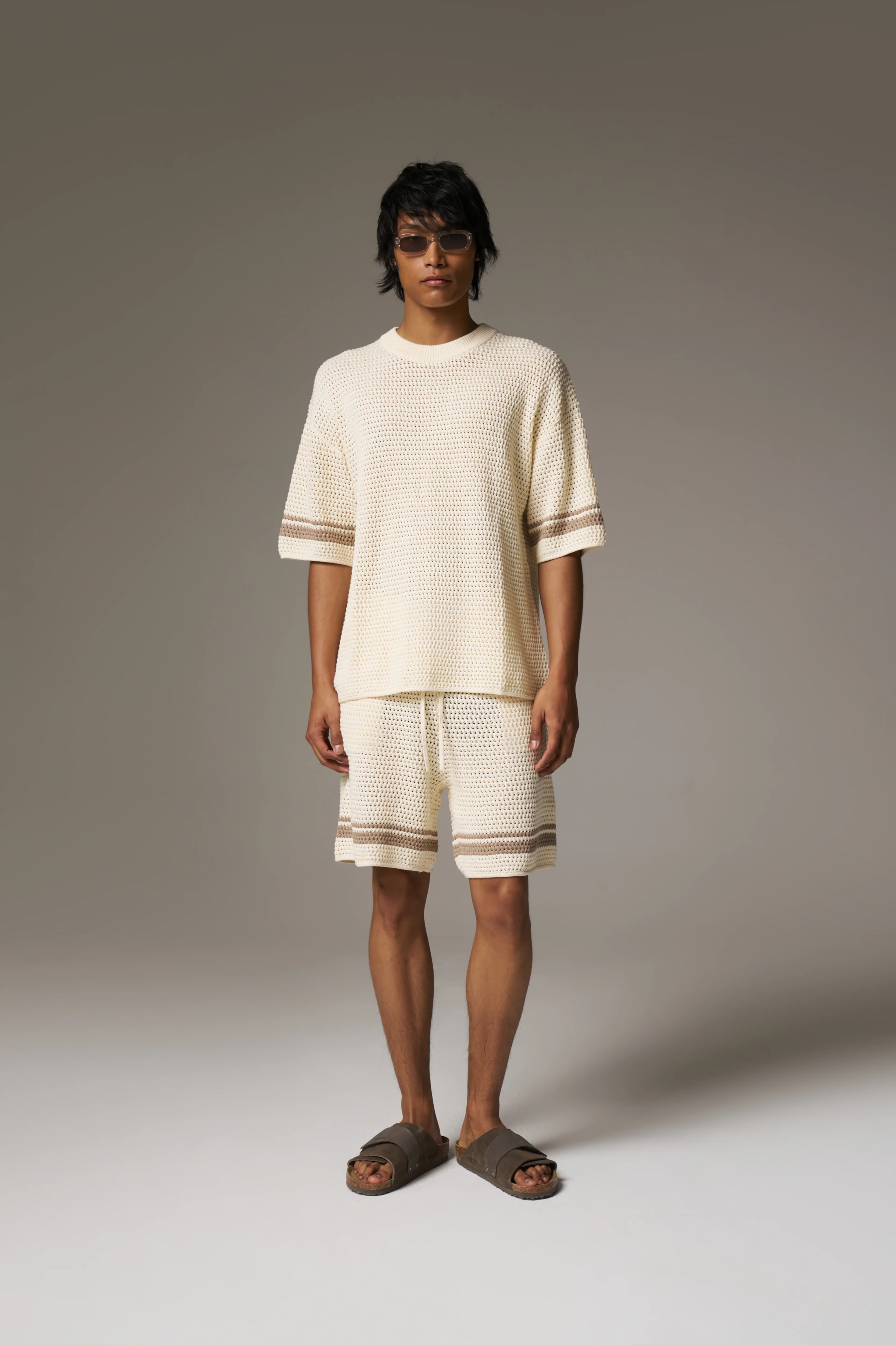 CROCHET KNITTED CONTRAST STRIPE T-SHIRT - OFF WHITE - Image 3