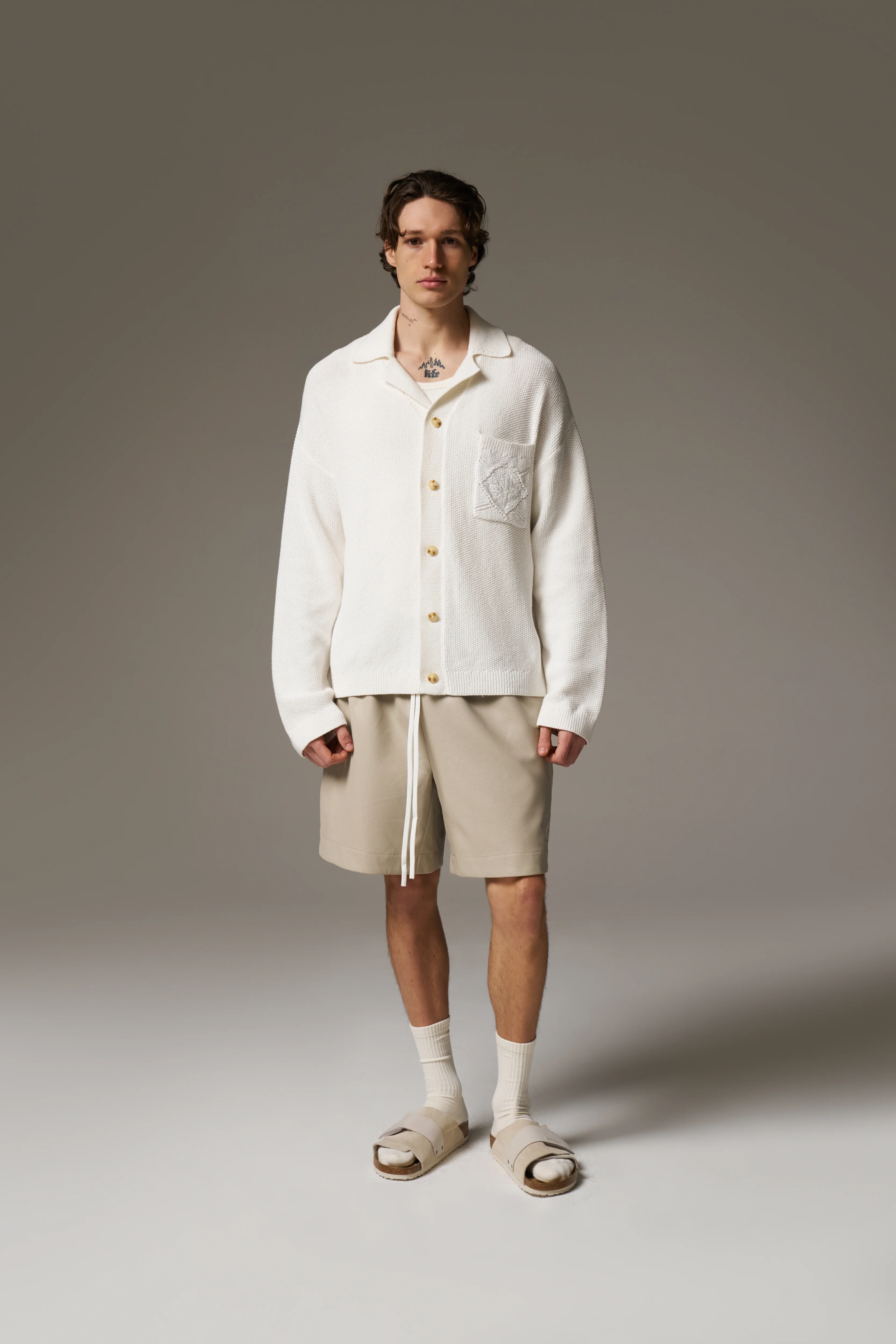 CROCHET KNITTED EMBLEM POCKET SHIRT - OFF WHITE - Image 12