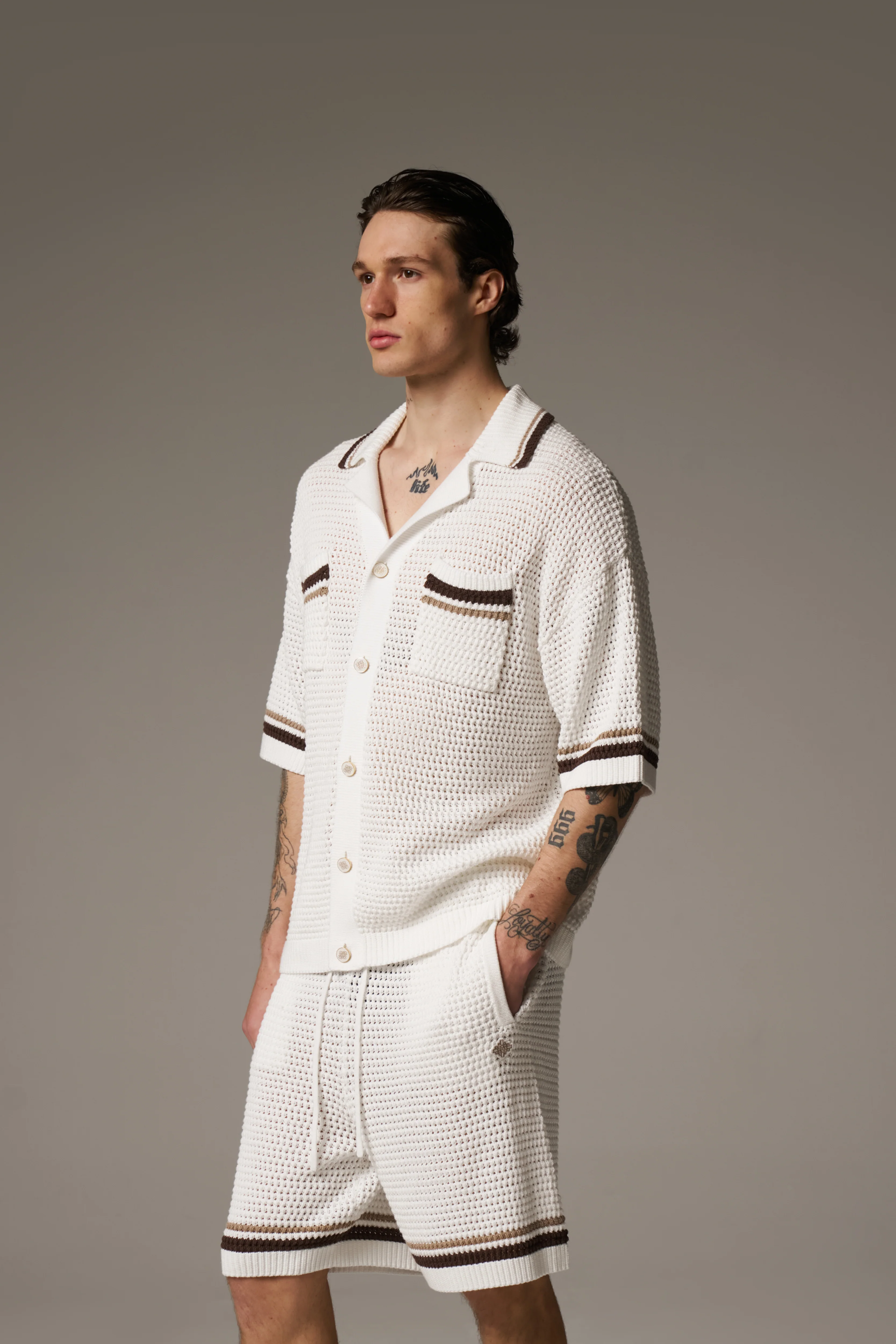 CROCHET KNITTED STRIPE SHIRT - WHITE/BROWN - Image 7