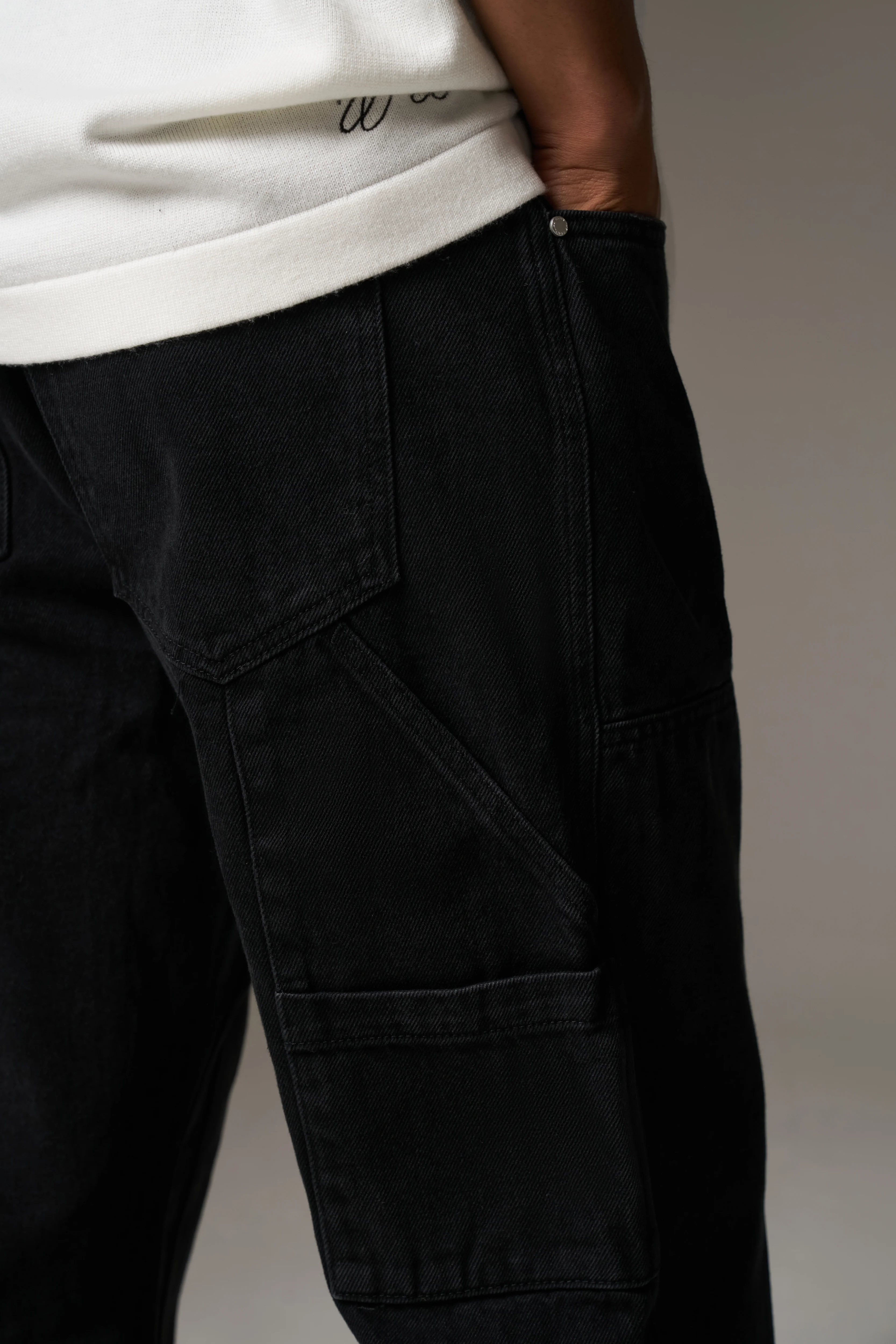 DENIM RIVET DETAIL CARPENTER JEANS - BLACK WASH - Image 6