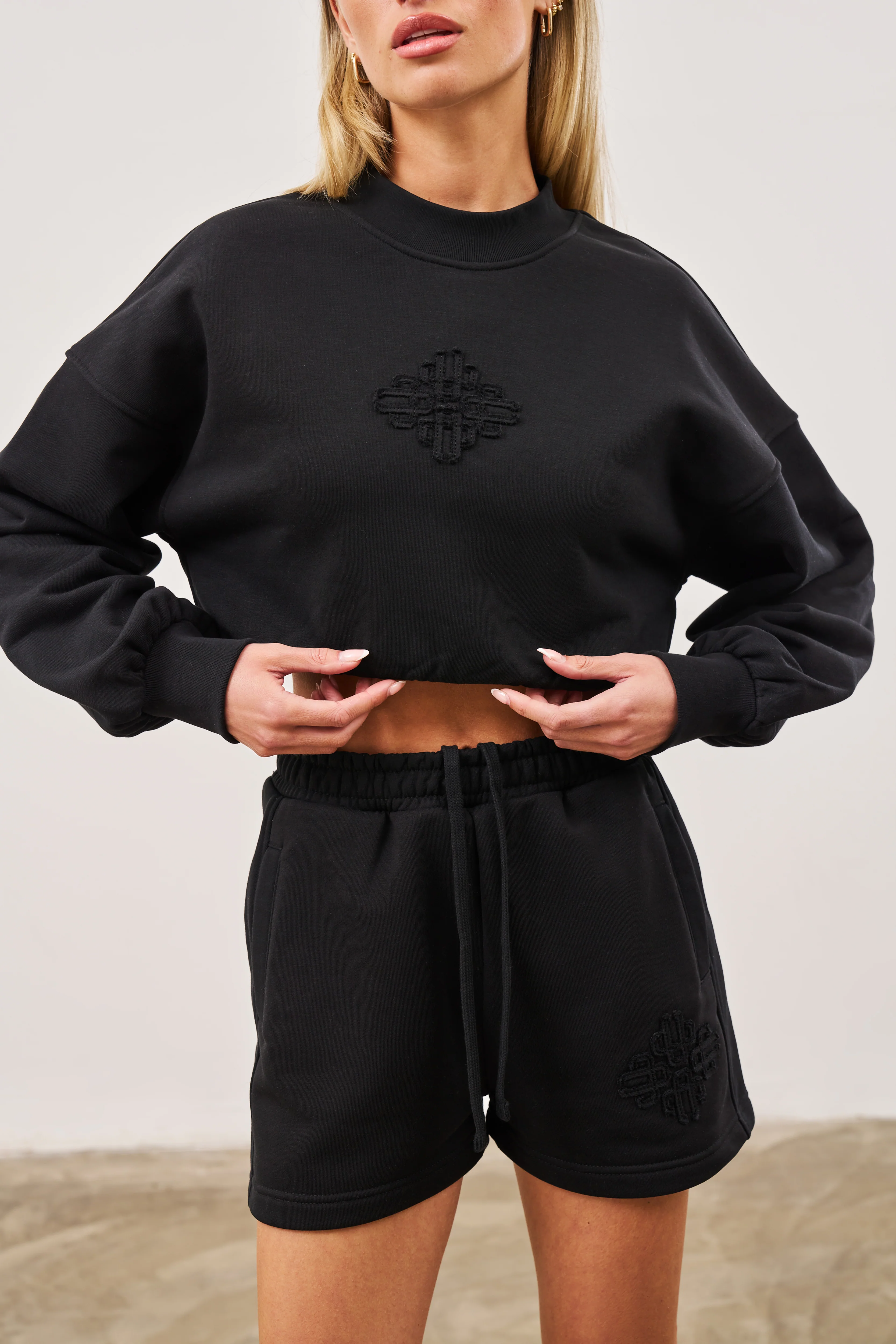 EMBLEM APPLIQUE CROP SWEATSHIRT - BLACK - Image 3
