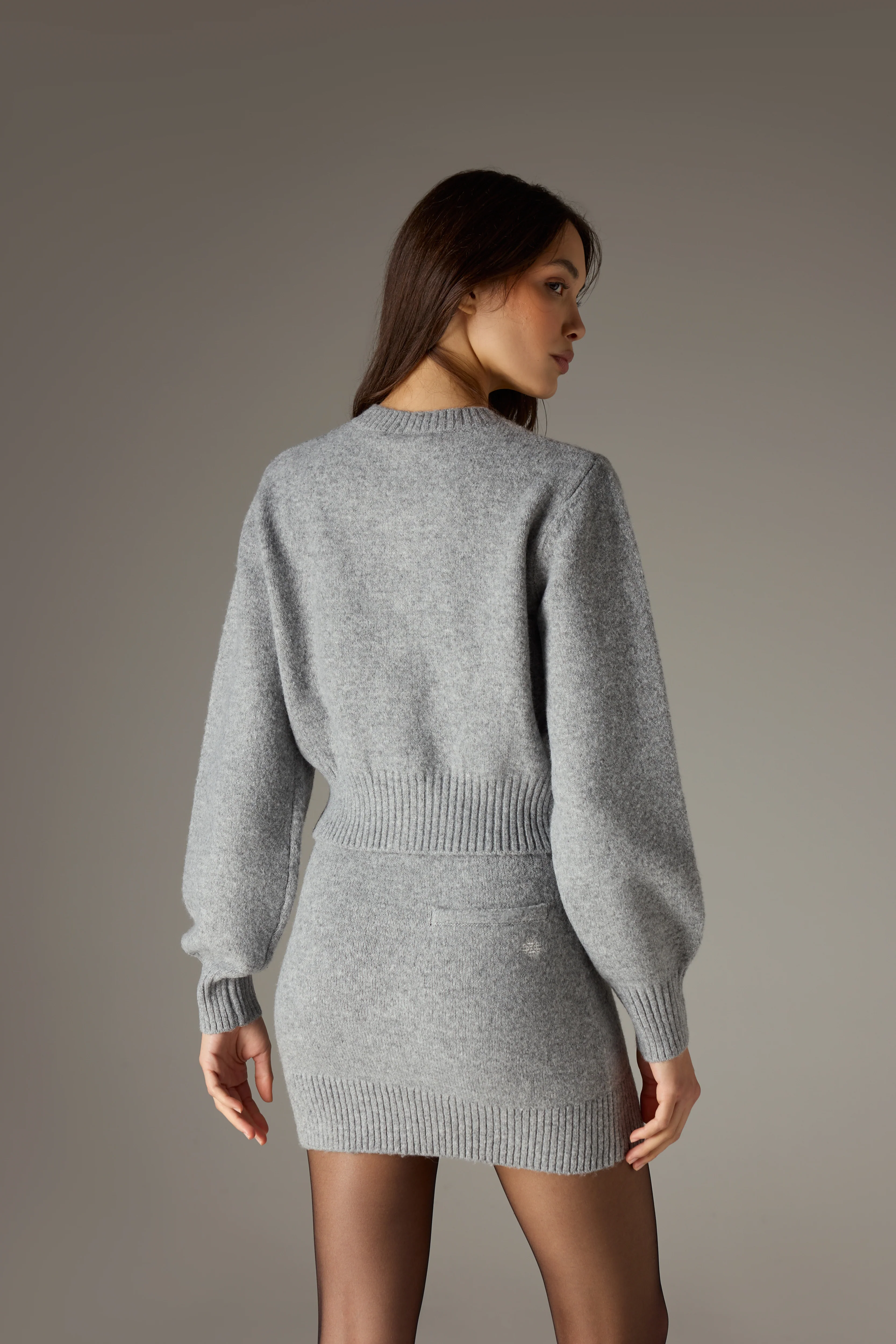 EMBLEM EMBROIDERED KNIT CROP CARDIGAN - GREY MARL - Image 6