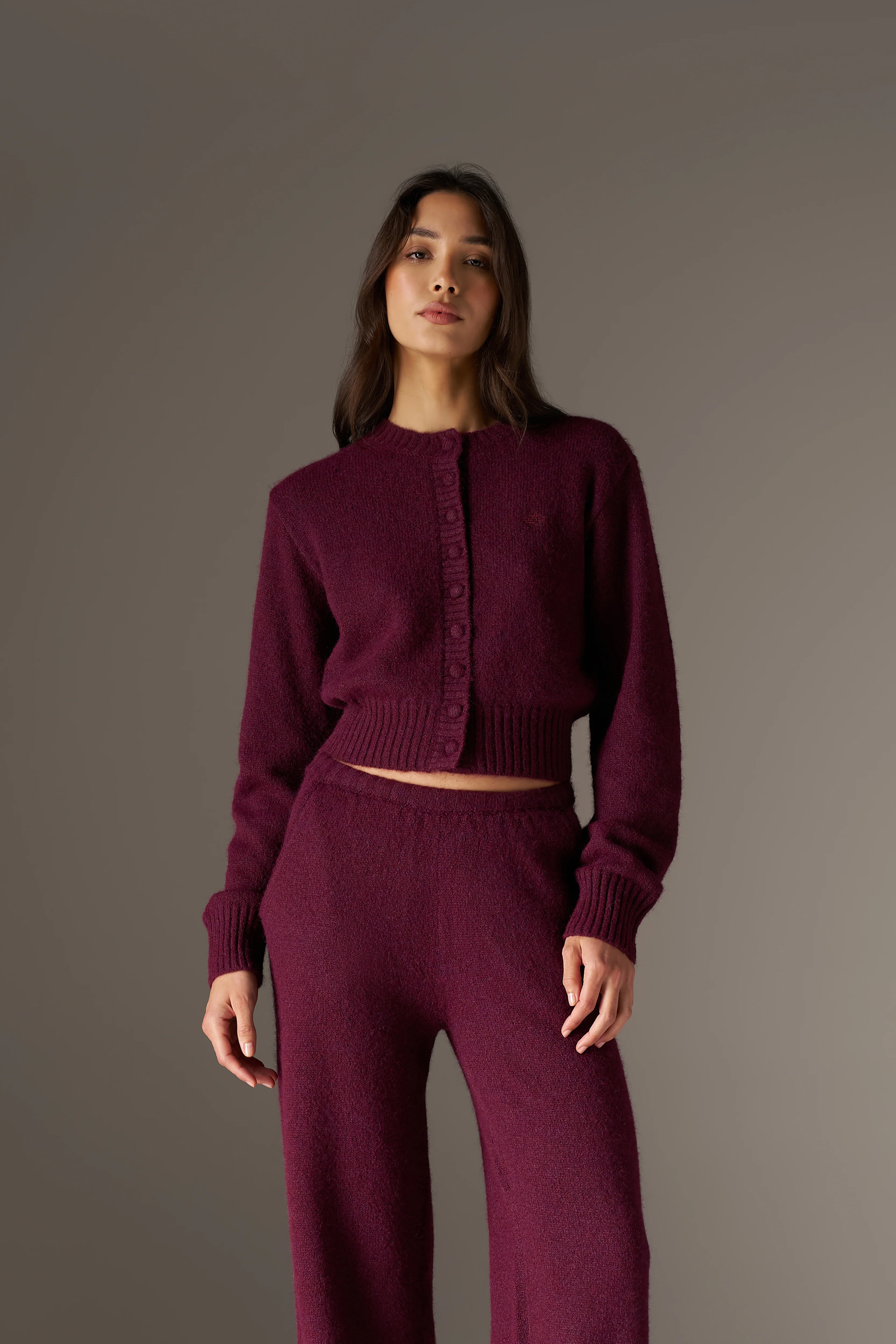 EMBLEM EMBROIDERED KNIT CROP CARDIGAN - PLUM - Image 2