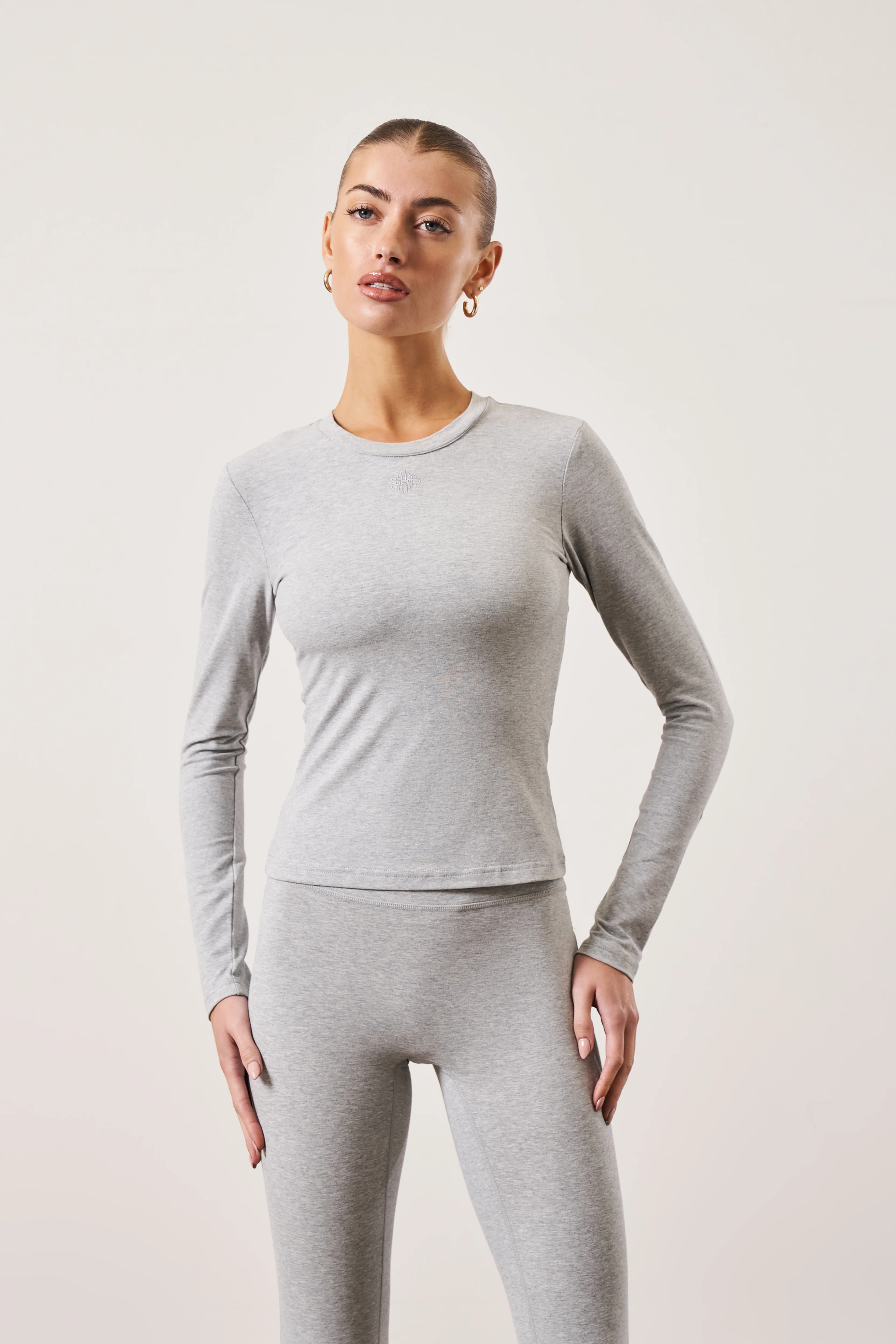 EMBLEM JERSEY LONG SLEEVE TOP - GREY MARL - Image 2