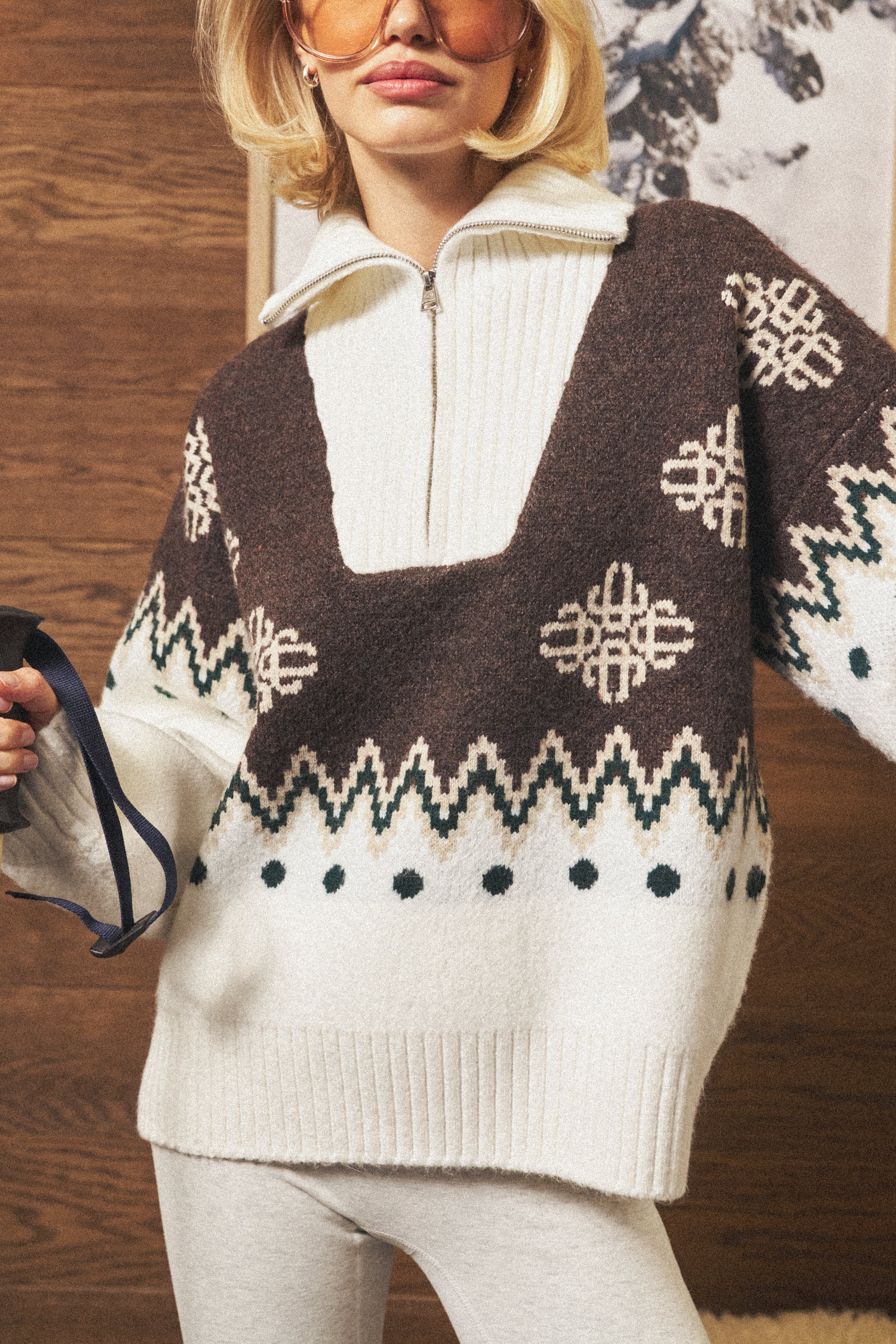FAIR ISLE FUNNEL NECK QUARTER ZIP - BEIGE - Image 6