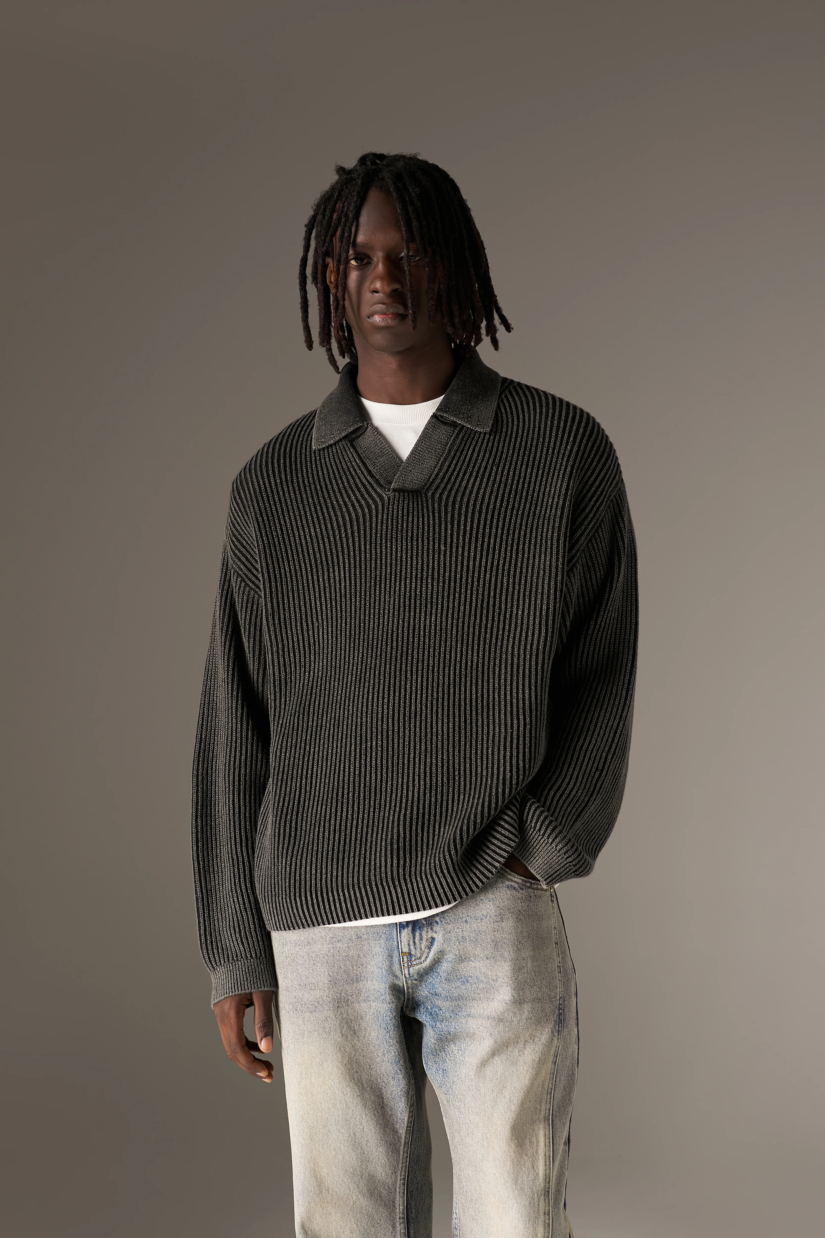 HEAVY WASHED RIB KNIT POLO - BLACK - Image 2