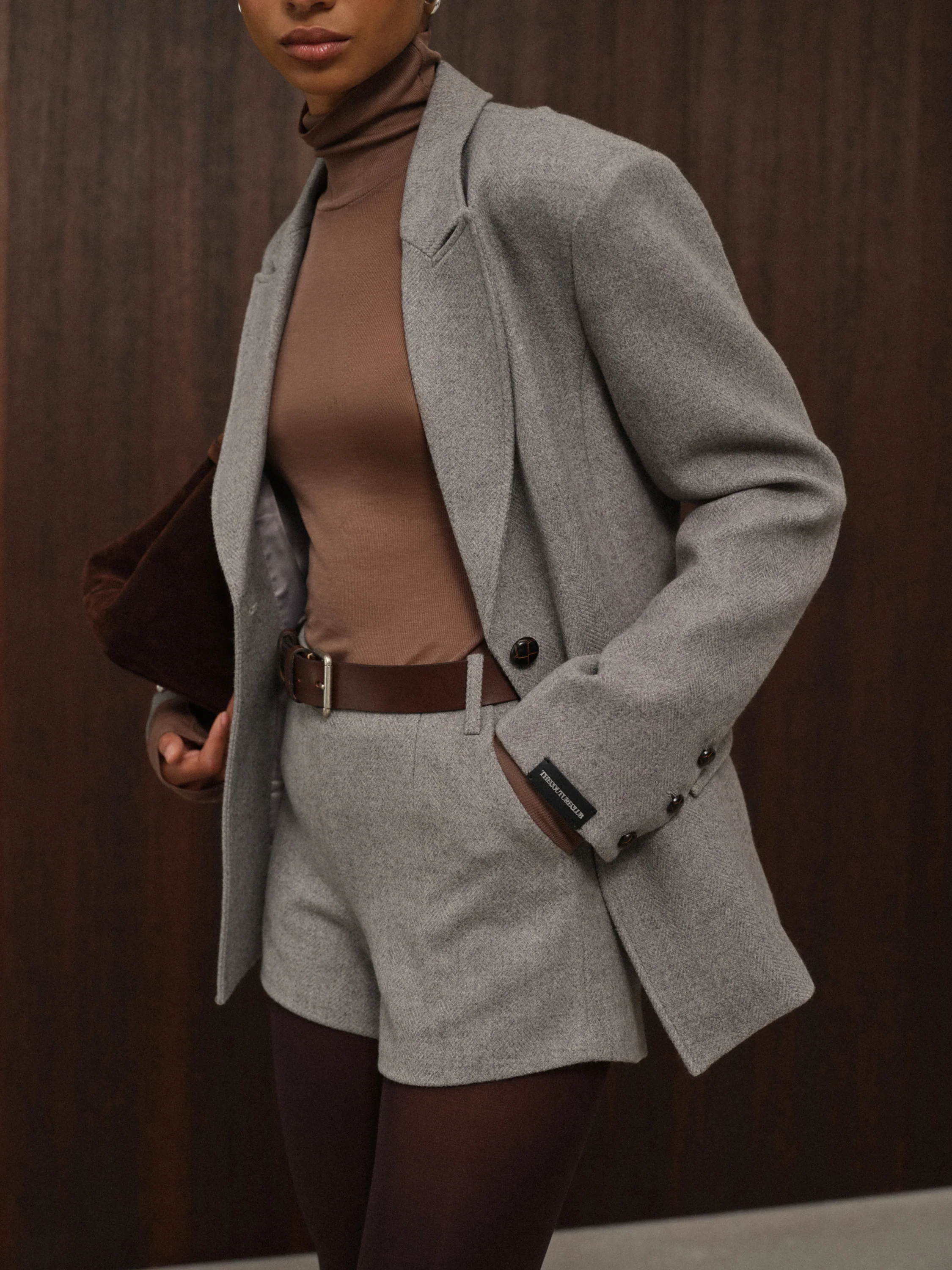 HERRINGBONE TAILORED MINI SHORTS - GREY - Image 2