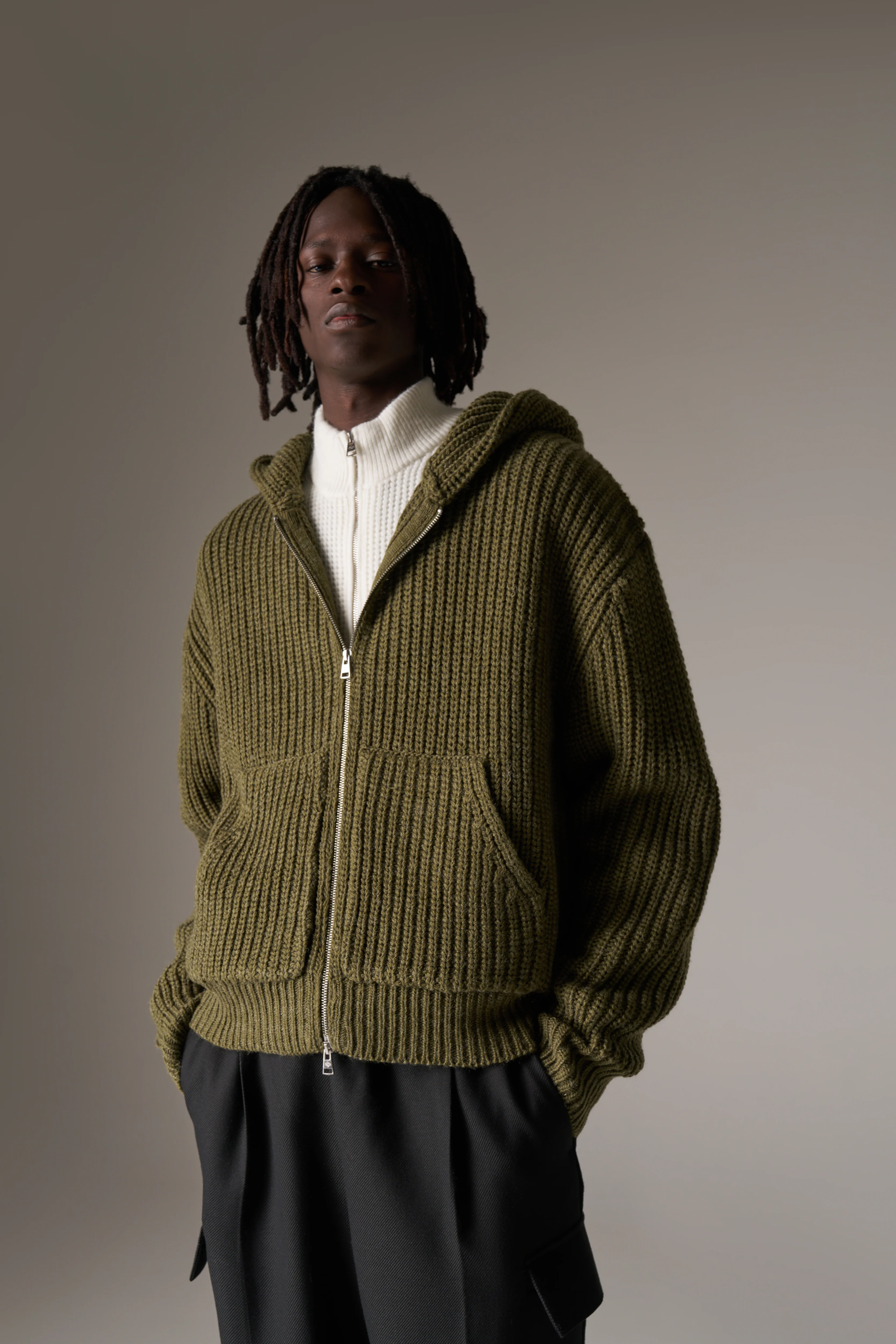 HEAVY RIB KNITTED ZIP THROUGH HOODIE - KHAKI - Image 5