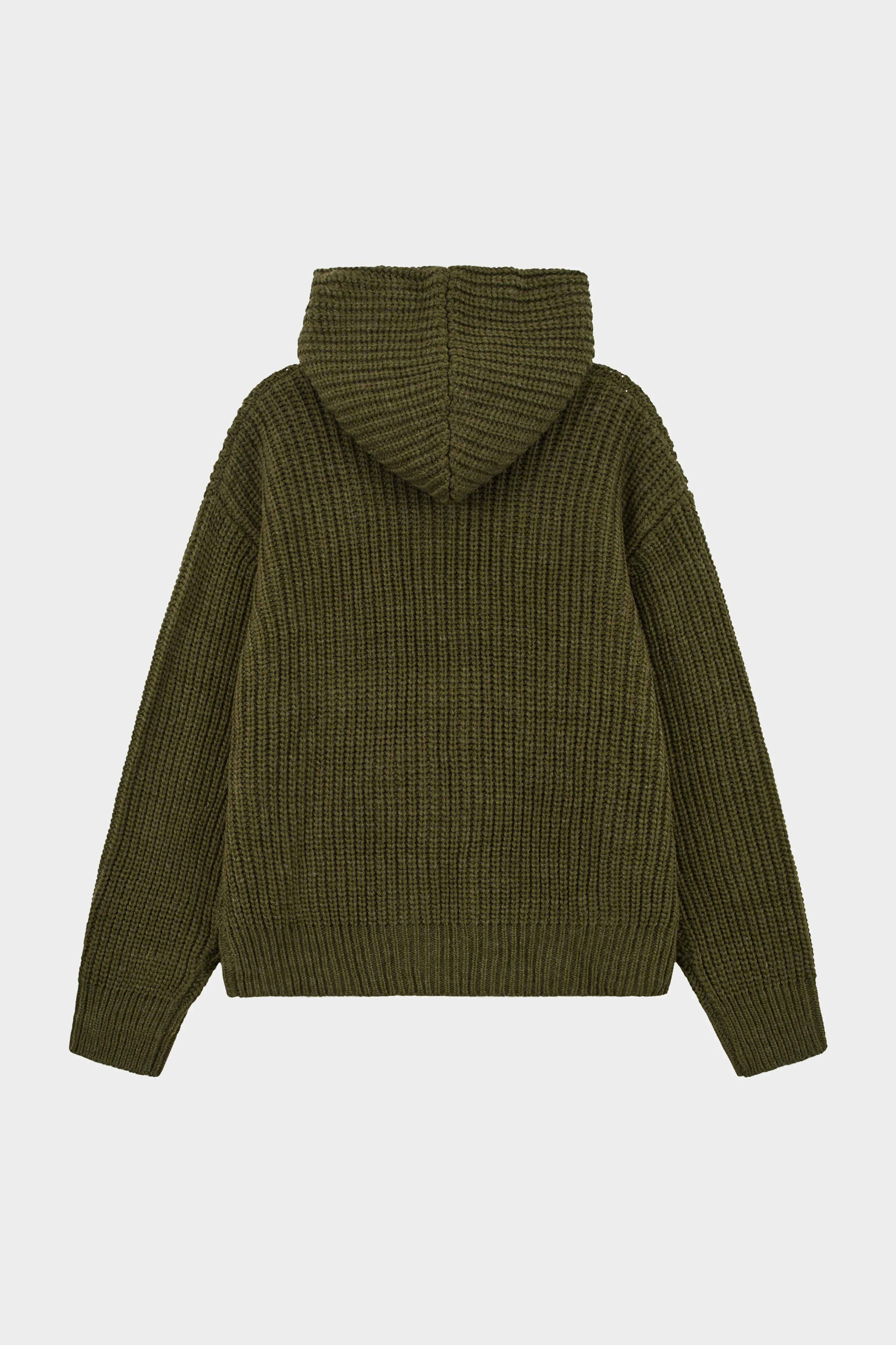 HEAVY RIB KNITTED ZIP THROUGH HOODIE - KHAKI - Image 8