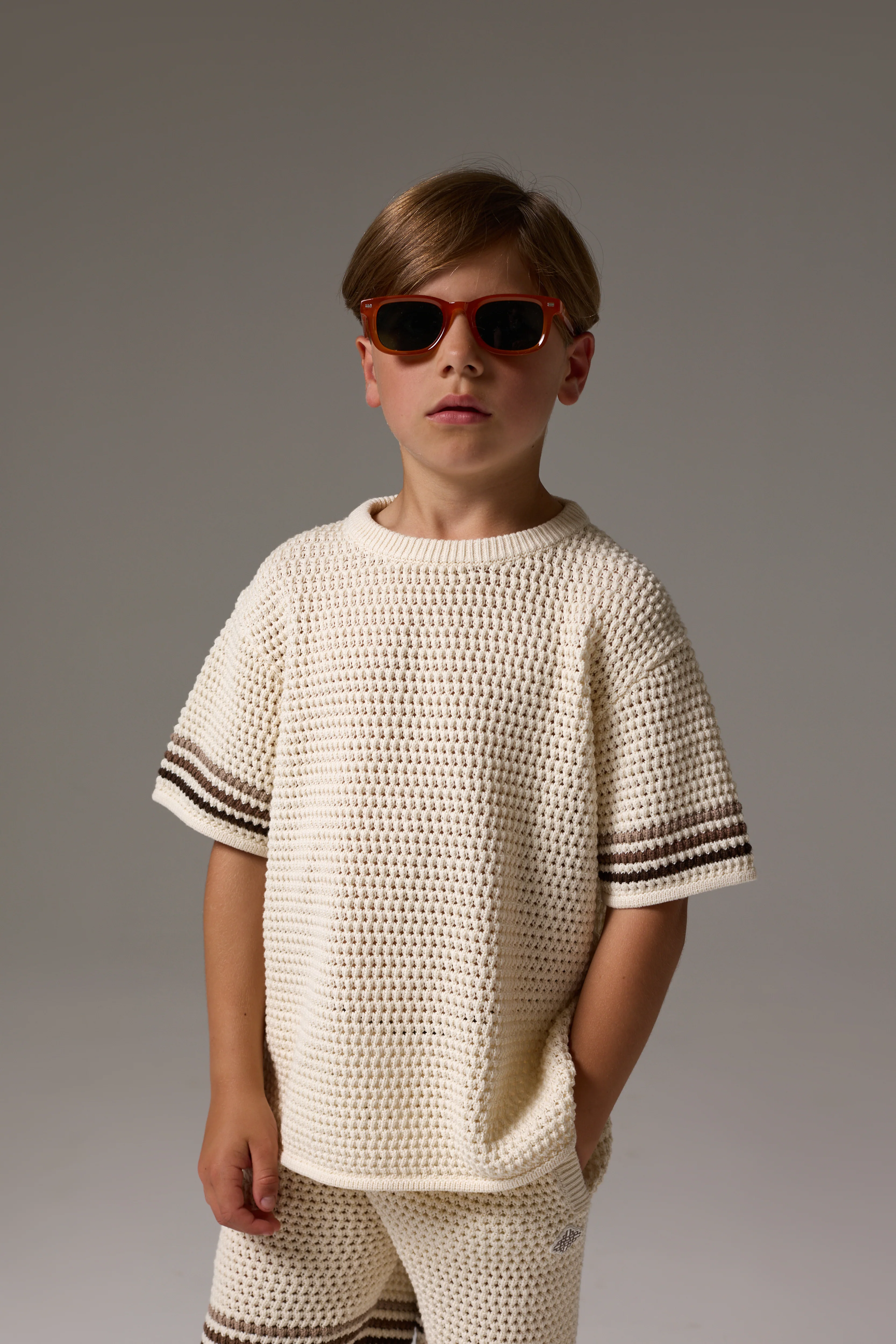 JUNIOR STRIPE CROCHET KNIT T-SHIRT - OFF WHITE - Image 4