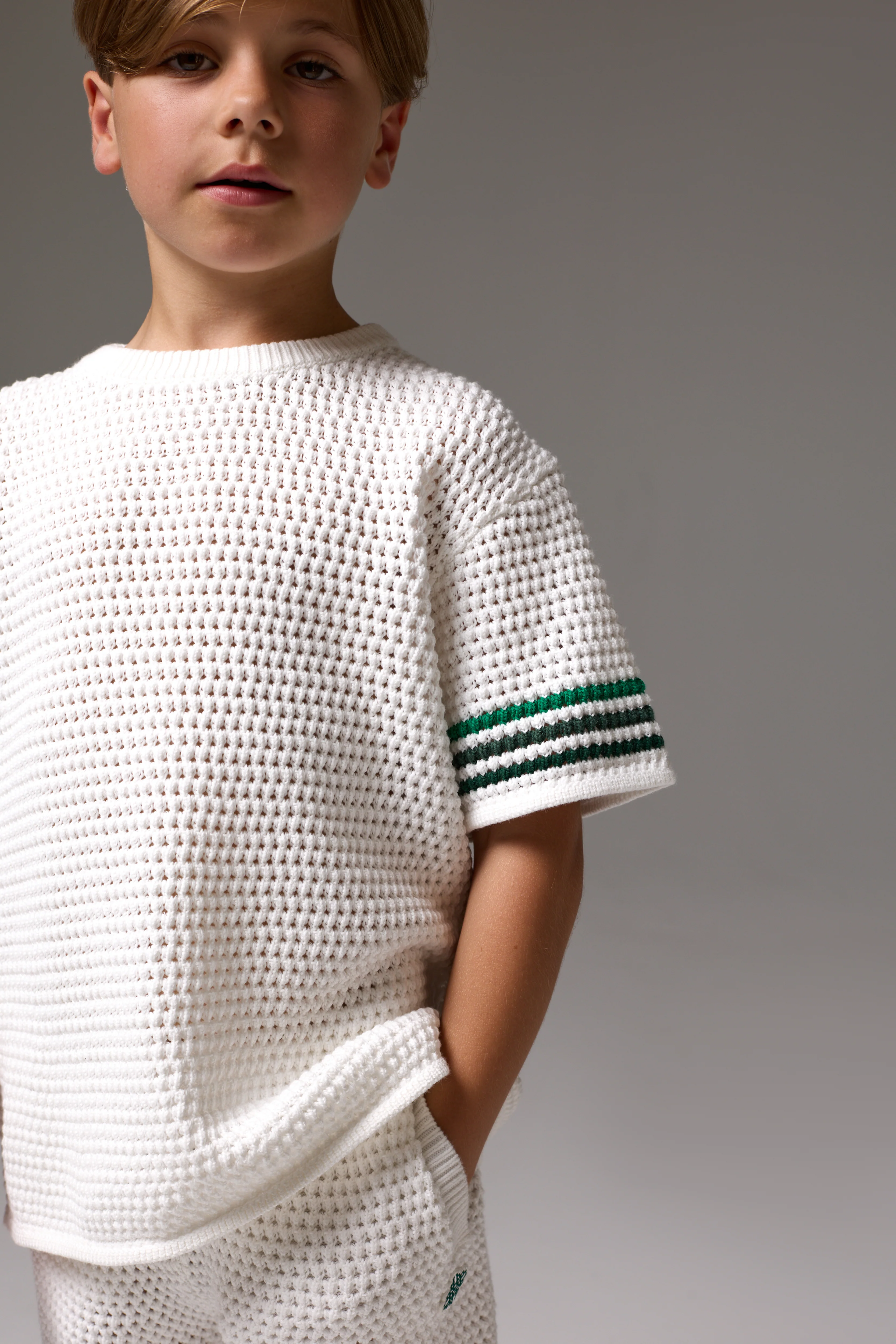 JUNIOR STRIPE CROCHET KNIT T-SHIRT - WHITE - Image 4