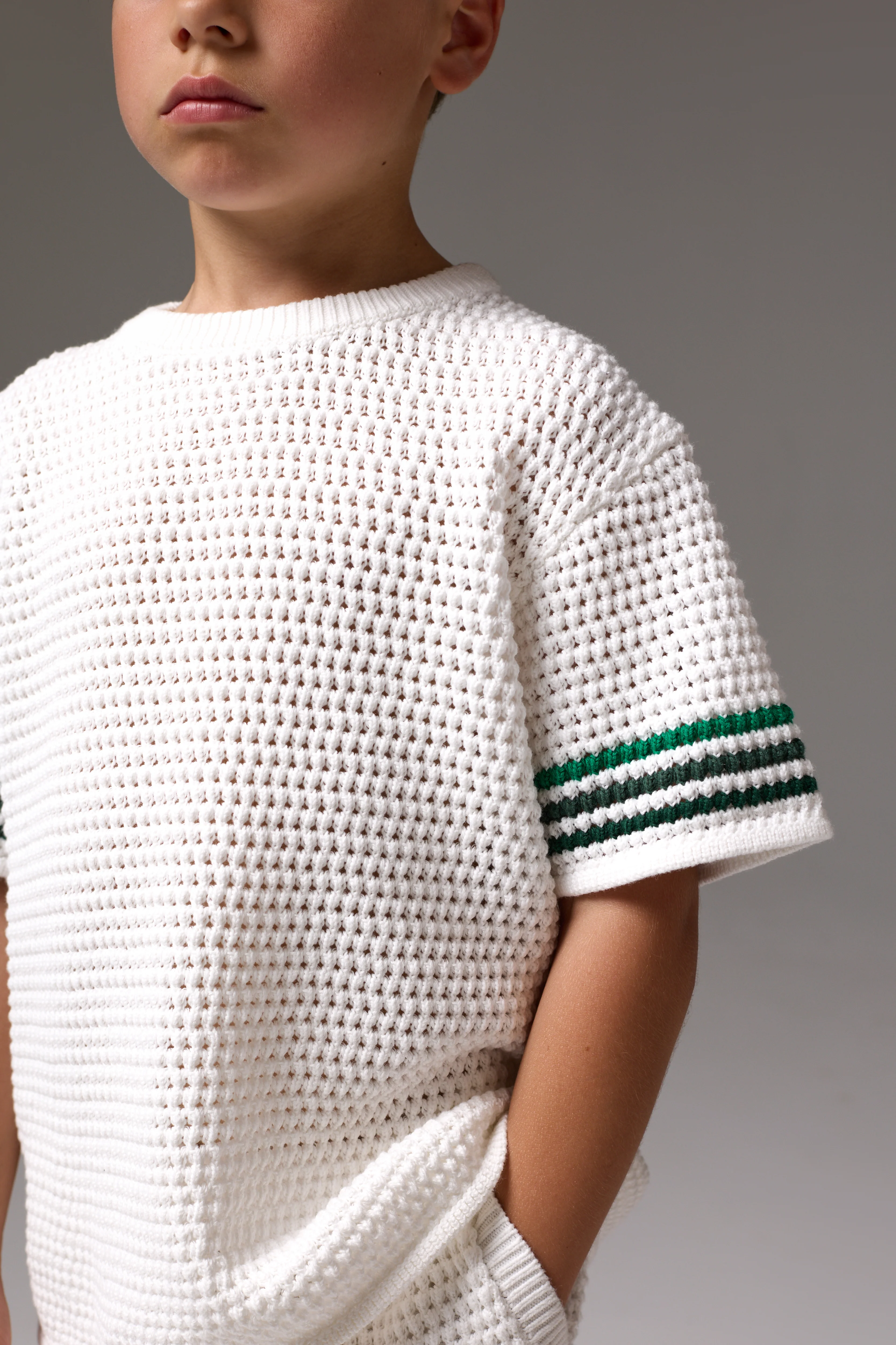 JUNIOR STRIPE CROCHET KNIT T-SHIRT - WHITE - Image 5