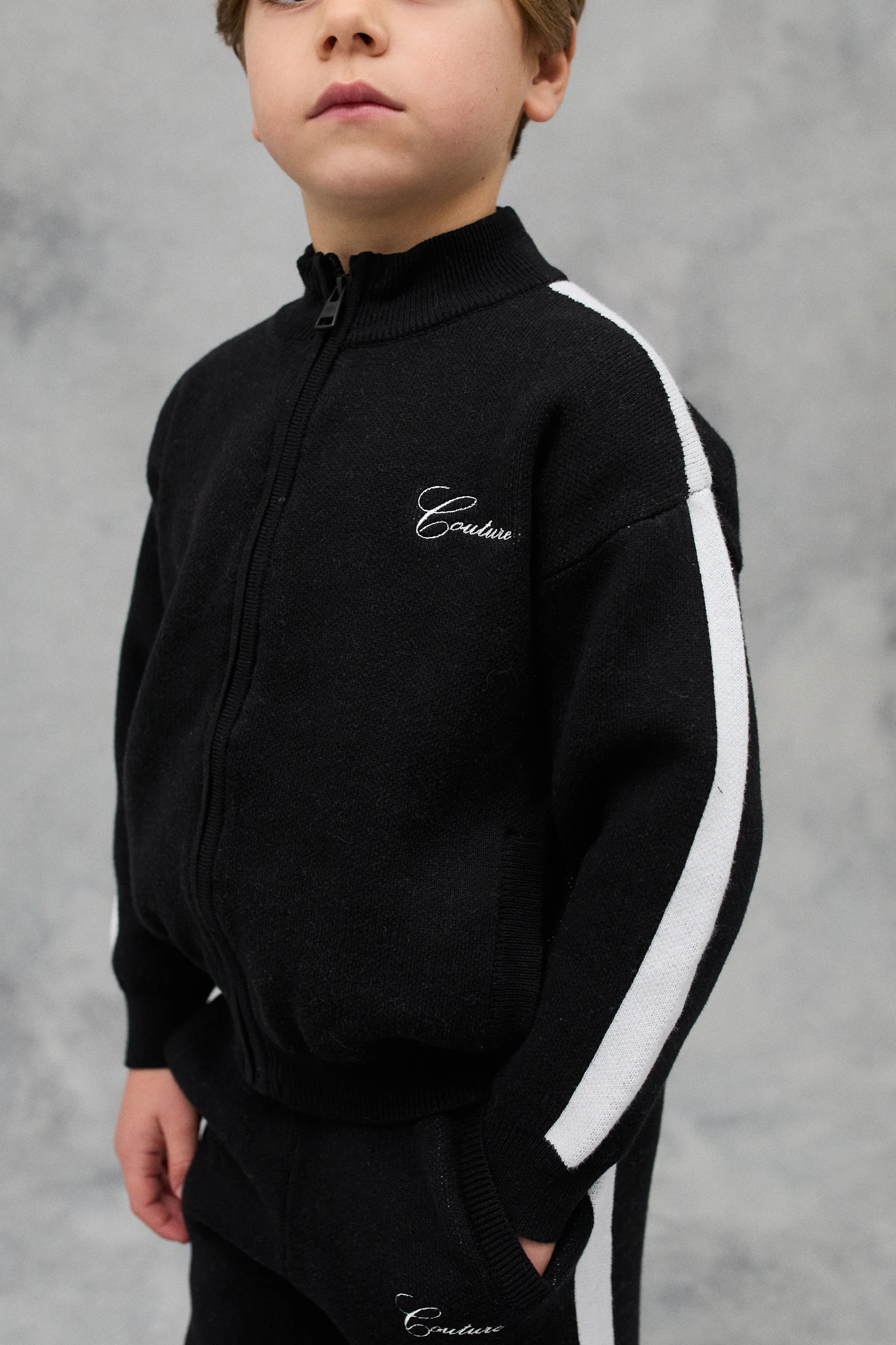 KIDS SIDE STRIPE KNITTED ZIP THROUGH - BLACK - Image 2