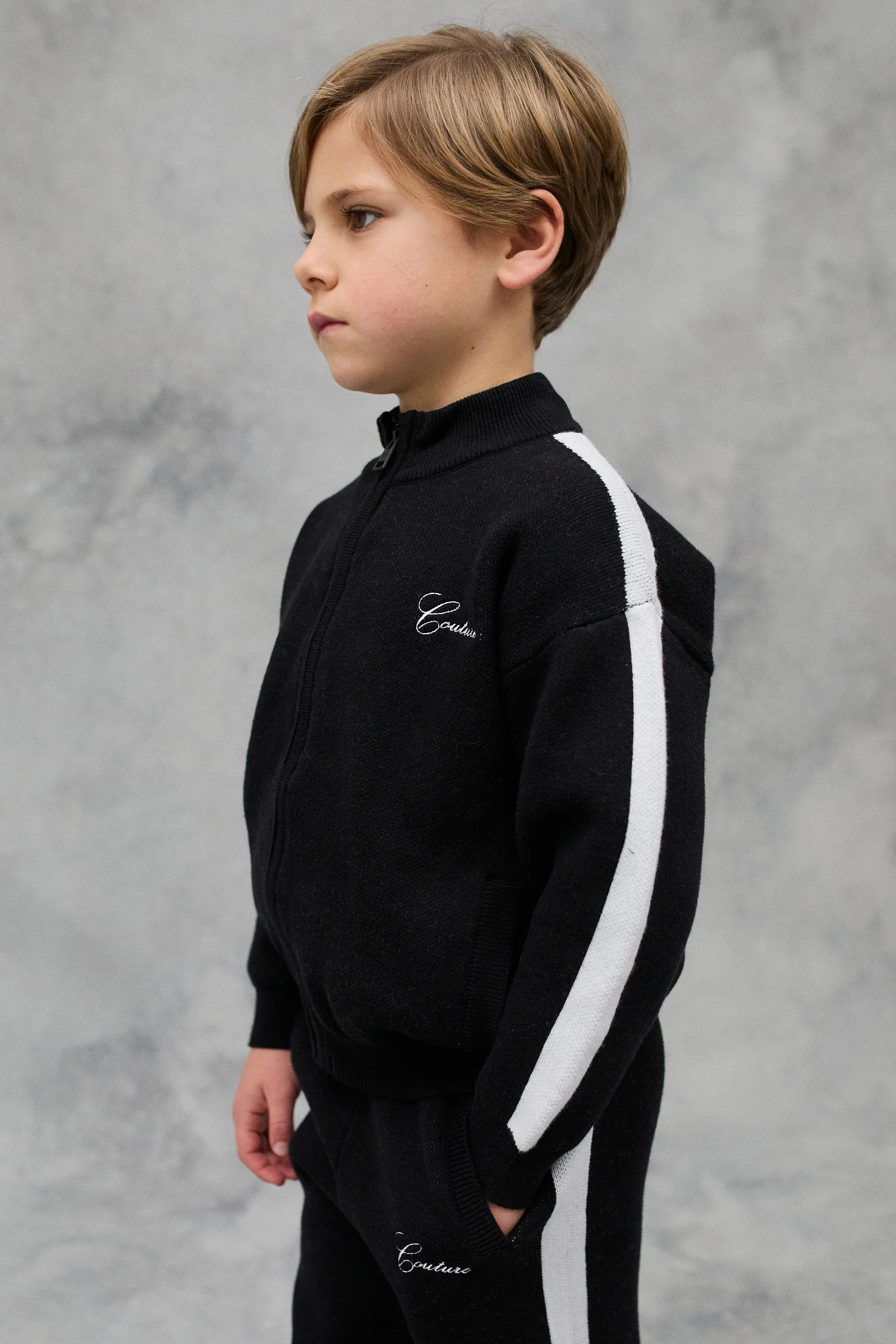 KIDS SIDE STRIPE KNITTED ZIP THROUGH - BLACK - Image 3