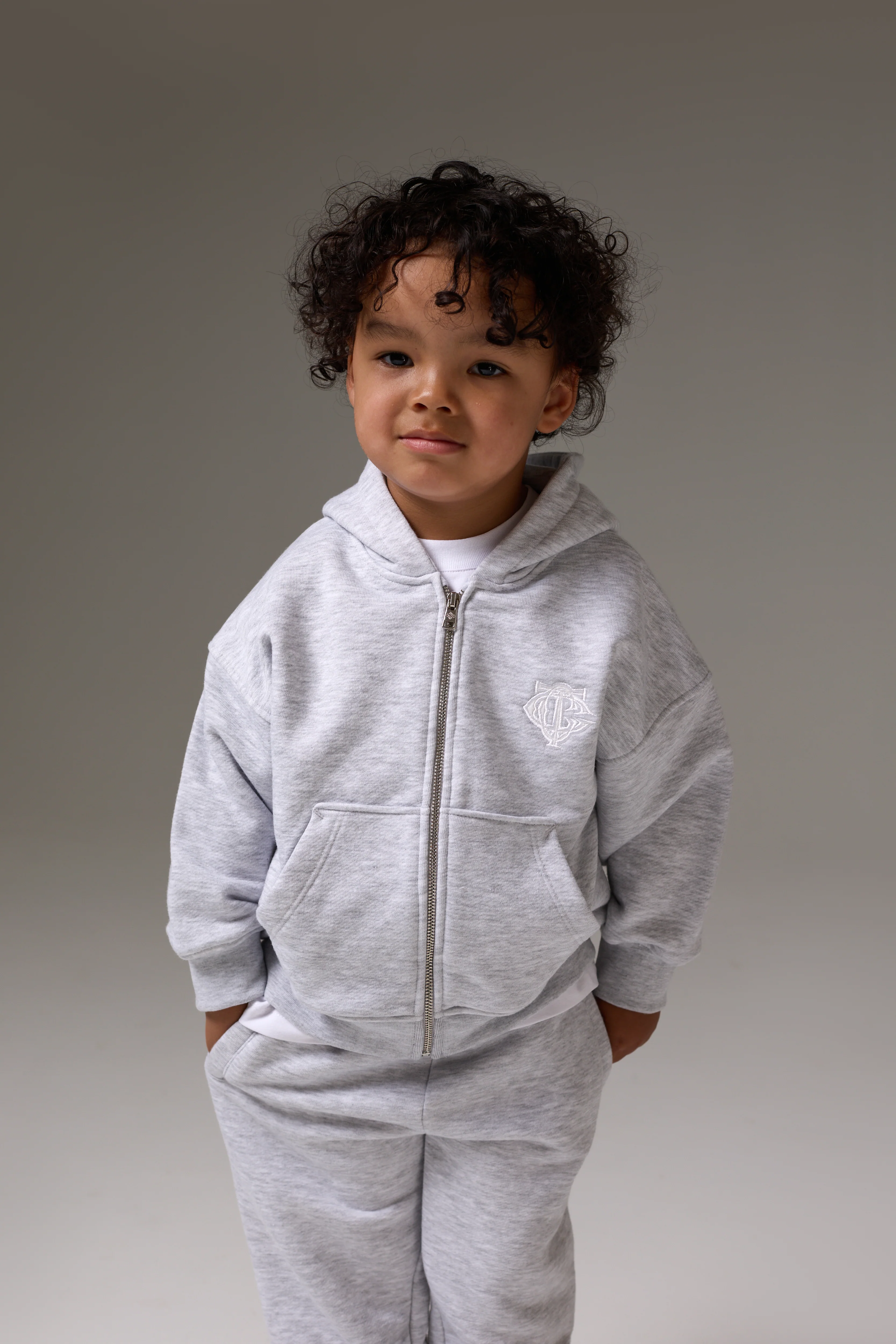 KIDS ZIP THROUGH MONOGRAM EMBLEM APPLIQUE HOODIE - GREY MARL - Image 5