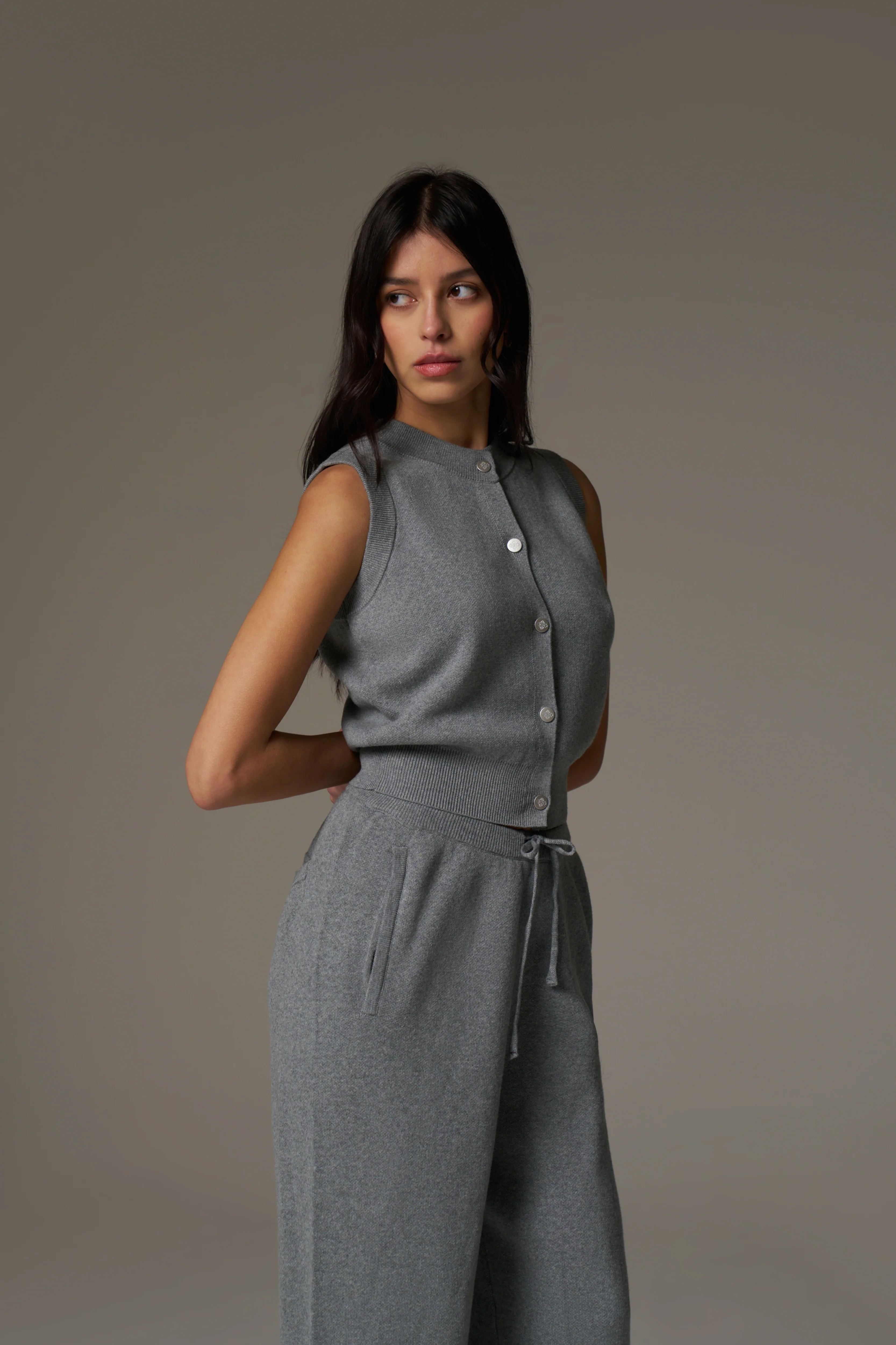 KNIT BUTTON THROUGH TOP - GREY MARL - Image 7
