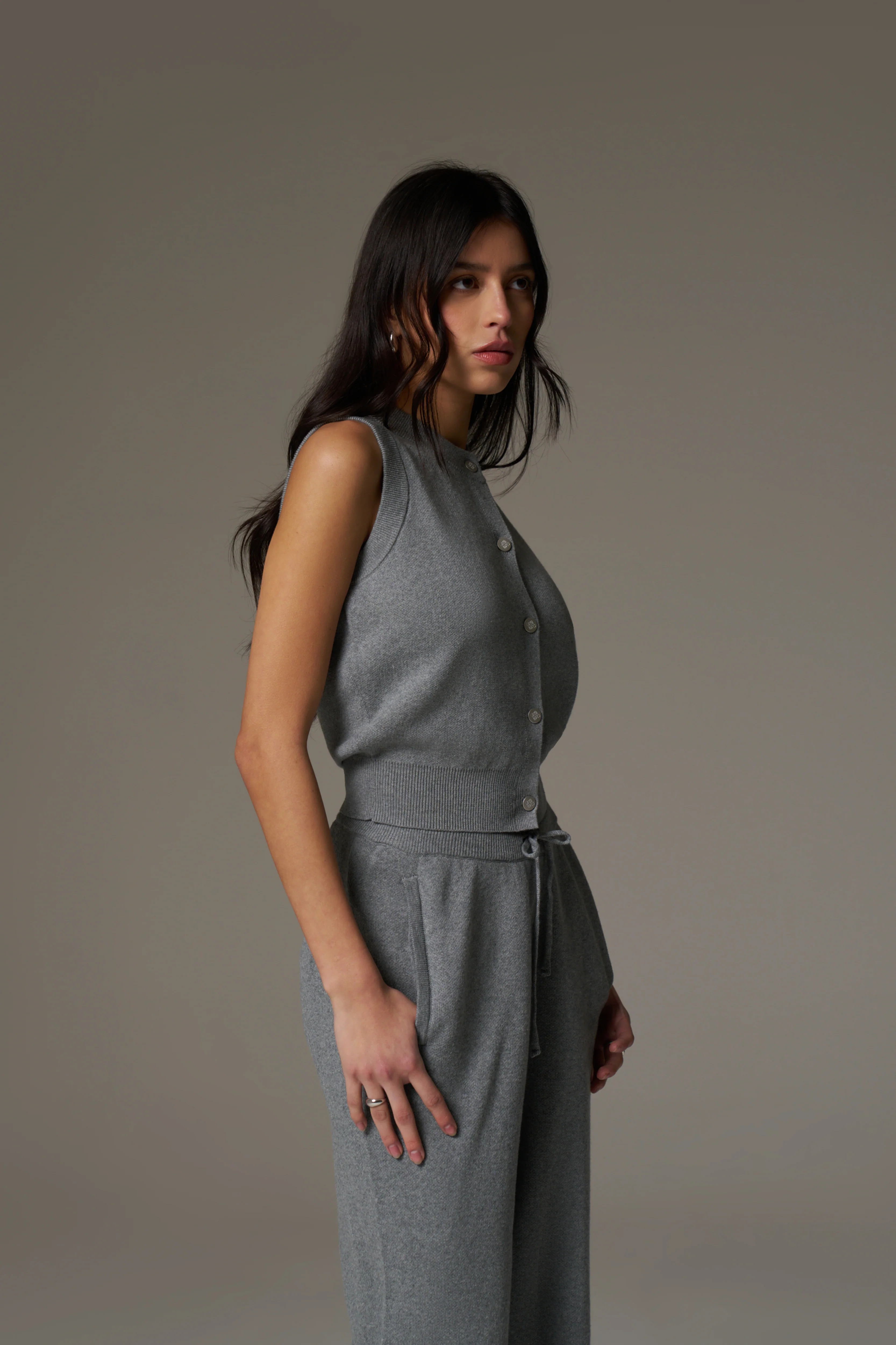 KNIT BUTTON THROUGH TOP - GREY MARL - Image 8